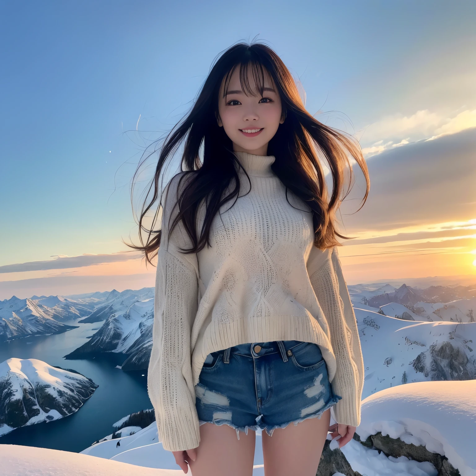 (highest quality、table top、8k、best image quality、Award-winning work)、one beautiful woman、(perfect long sleeve knit sweater:1.1)、(Torn distressed denim shorts:1.1)、very long wavy hair、(alone:1.1)、(1 photo:1.1)、(Standing gracefully in the snowy mountains of Northern Europe:1.1)、(Full body shot from above of a woman standing elegantly:1.3)、(上品なwinter用ブーツ:1.1)、emphasize body line、(Top view of the whole body of a woman standing elegantly on a snowy mountain:1.3)、(Depicting a woman&#39;s entire body from above using three-point perspective with sharp focus:1.5)、(look at me with your best smile:1.1)、(smile showing your beautiful teeth:1.1)、Strongly blurred background、(very brightly lit face:1.1)、(Beautiful skin that shines very brightly:1.1)、(very bright and vivid:1.1)、Ultra high definition beauty face、(Super high resolution perfect beautiful teeth:1.1)、ultra high definition hair、(Beautiful white skin that shines in ultra-high resolution:1.1)、Super high resolution glossy lips、(very bright and vivid:1.1)、(accurate anatomy:1.1)、( In the forest deep in the mountains of Northern Europe:1.1)、snow forest、mysterious forest snow scene、winter、(A vivid and magical sunset:1.1)、(romantic sunset:1.1)、beautiful sunlight filtering through the foliage、epic movie lighting、The sparkle of fine diamond dust、epic movie lighting、the most romantic、the moodiest、romantic love feelings