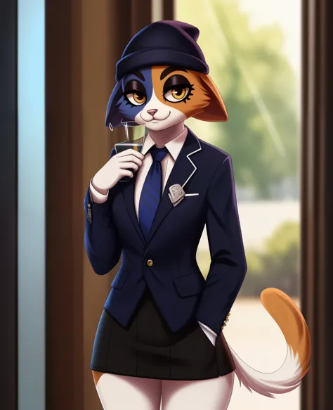 female, (Detailed face), (solo:1.1), meowskulls, beanie,, fish Hook piercing, furry female anthro, calico cat, solo, (body fur:1.2), (Detailed face), (more details, detailed background:1.1), (tail:1.1), smile, holding a glass in hand, satin skirt suit, pin...
