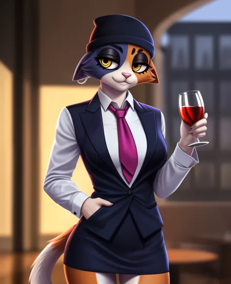 female, (Detailed face), (solo:1.1), meowskulls, beanie,, fish Hook piercing, furry female anthro, calico cat, solo, (body fur:1.2), (Detailed face), (more details, detailed background:1.1), (tail:1.1), smile, holding a glass in hand, satin skirt suit, pin...