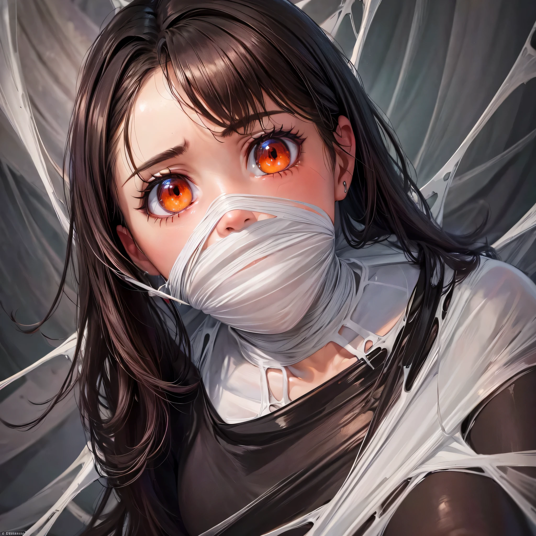 ing from the ceiling, dim lighting, dark atmosphere, oil painting style, vibrant colors, intense emotion. (best quality, highres, ultra-detailed, realistic:1.2), spiderweb, trapped, delicate facial features, fear in her eyes. half body visible,(gagged:1.4),