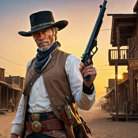 (extreme complexity)(two subjects) (Western gunfighter showdown), A (rugged man resembling Clint Eastwood, wild west gunslinger ...
