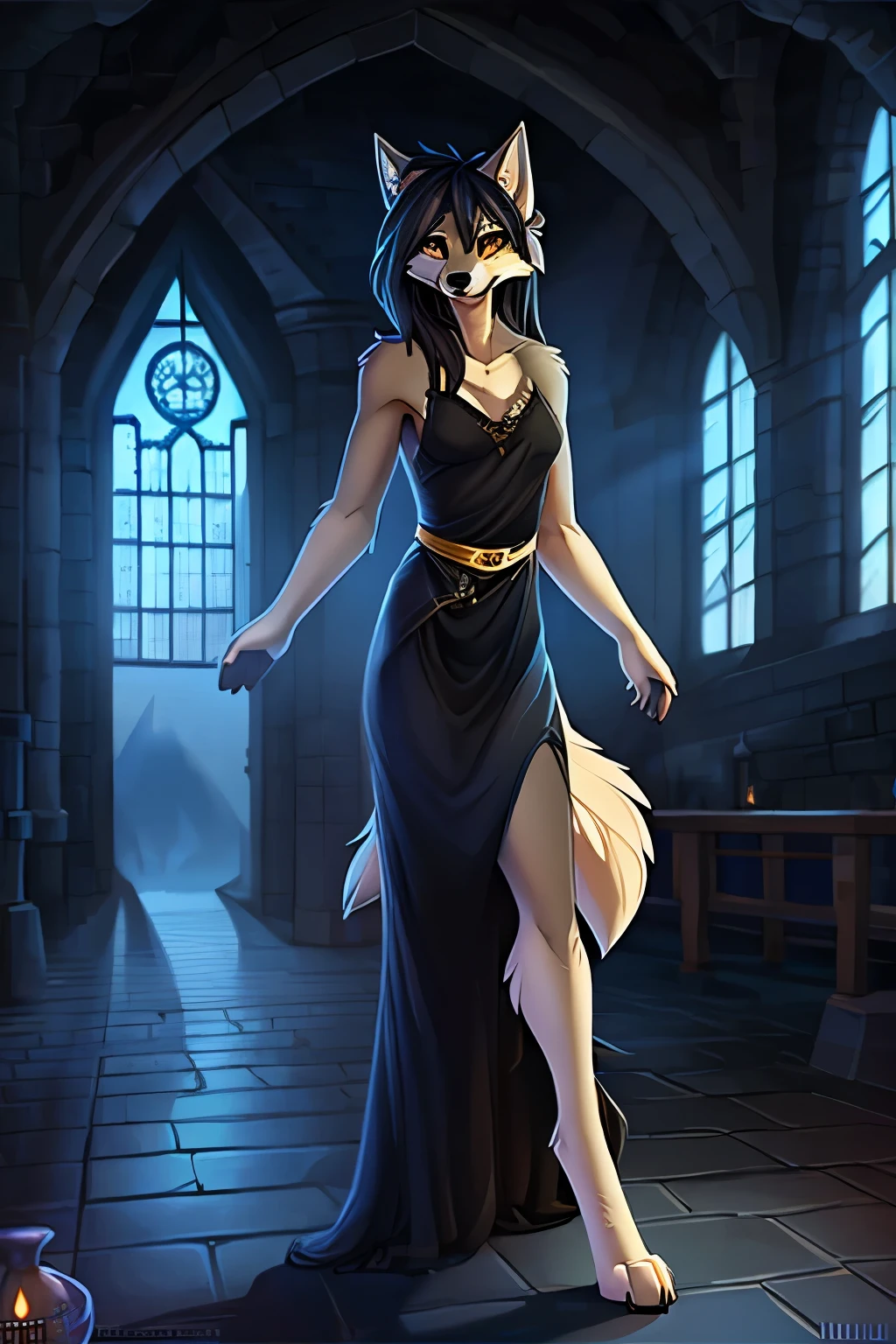 illustration, (by Hioshiru), by fluff-kevlar, (wolf:1.4), ((anthro)), 4k, detailed, intricate, (female), (masterpiece), best quality, (detailed eyes:1.4), SFW, (hogsks), hogwarts, harry potter, (((ravenclaw))), uploaded on e621, digitigrade, girl, castle, light belly fur, (grey fur)), gold eyes, dark hair, (fluffy tail), skinny, slim build, long legs, canine paws, long ears, long snout, castle corridor, evening lighting, full body portrait, blue and gold necktie, loose tie, ((small breasts)), covered breasts, black stockings with garter belt, blue evening gown, long dress, evening gown, dress slit up the side, exposed thigh.