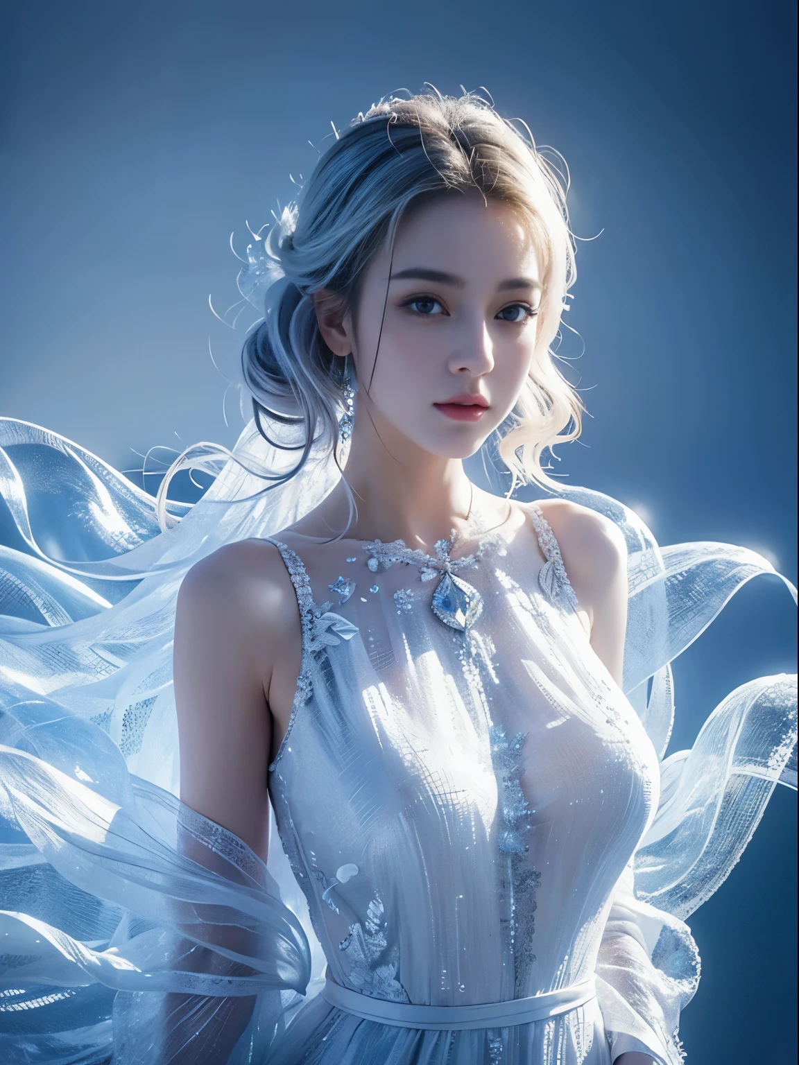 (((masterpiece))), best quality, illustration, 4k wallpaper, movie lighting, absurd, 1 girl,(snow,ice), snow花, in winter, white hair, shiny hair, curls, transparent clothes, frills, lace, wet clothes, leave_Shoulder, hair tie,masterpiece, telephoto lens, absurd, Exquisite facial features，record，Poster composition，pose elegantly，，Natural light，soft light，（Seven-part combination） ，epic，Dreamy and magical，mystery，ice做的话多，huge breasts，bigger breasts，G cup，裸露Shoulder