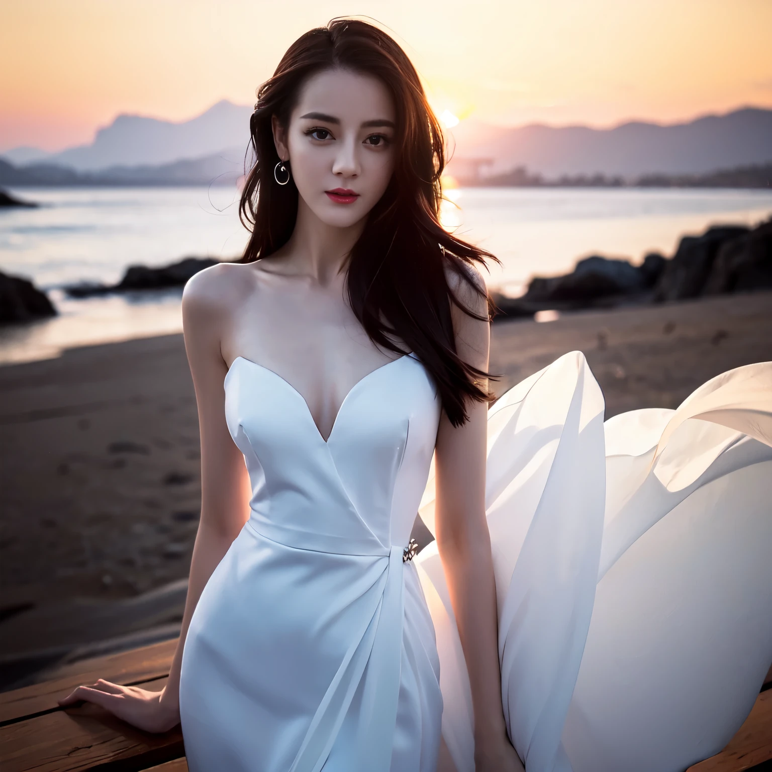 ((top quality、8k、​Masterpiece:1.3))、Extremely delicate and beautiful girl，full-body shot，huge breasts，bigger breasts，amazing breast size，G cup，Sunset，sunset，white snow。Wear big earrings，Very white skin，moist red lips，Waist is very thin，Thighs are very thin，big butt，Reveal a little，fair and smooth skin，Smooth and fair skin，flawless skin，Fair and shiny skin，cold white skin，The camera focuses on the chest，Bright light，White tube top dress，bare shoulders，white hair，hair is white
