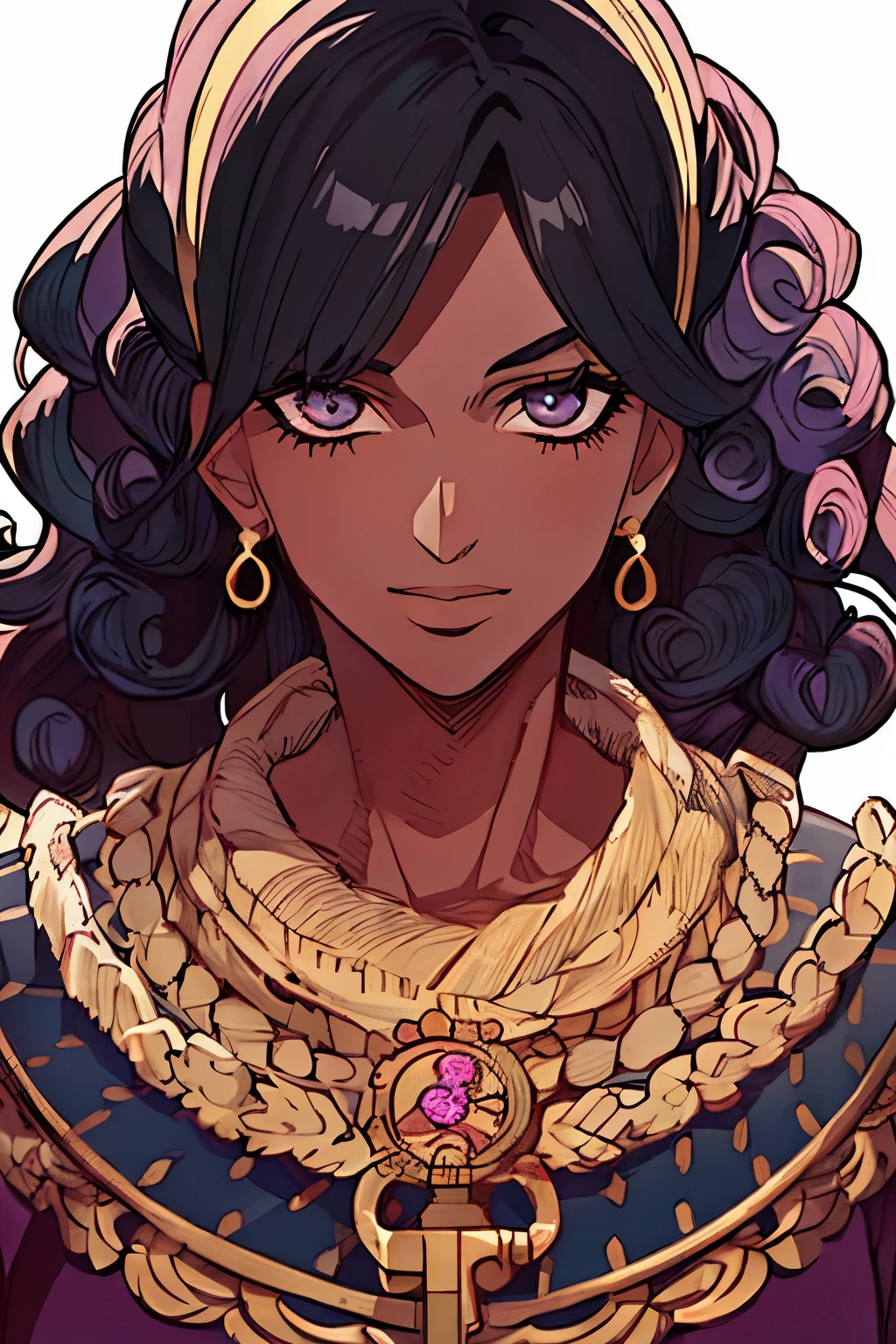 ((best quality)), ((masterpiece)), (detailed), perfect face, female, lovingly looking towards front, lovely delicate face, 24 years old woman, 24 years old woman, smiling, dark hair, large eyes, long hair, detailed key anime art, Jojo’s Bizarre’s Adventure, Jolyne, detailed key anime art, curly hair, hazel eyes, black hair, one woman, Mexican, dark skin, untied hair, pink dress, black hair, standing alone, portrait pose, delicate face, innocent, round eyes
