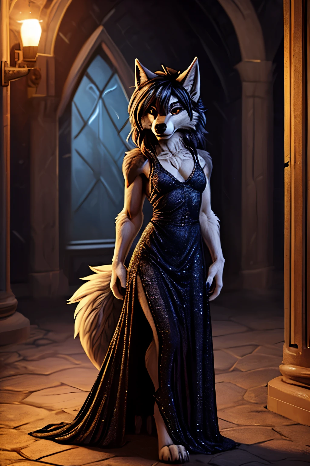 illustration, (by Hioshiru), by fluff-kevlar, (wolf:1.4), ((anthro)), 4k, detailed, intricate, (female), (masterpiece), best quality, (detailed eyes:1.4), SFW, (hogsks), hogwarts, harry potter, (((ravenclaw))), uploaded on e621, digitigrade, girl, castle, light belly fur, (grey fur)), gold eyes, dark hair, (fluffy tail), skinny, slim build, long legs, canine paws, long ears, long snout, castle corridor, evening lighting, full body portrait, ((small breasts)), ((black stockings)), garter belt, blue gown, long dress, evening gown, dress slit up the side, exposed thigh, sparkling gown