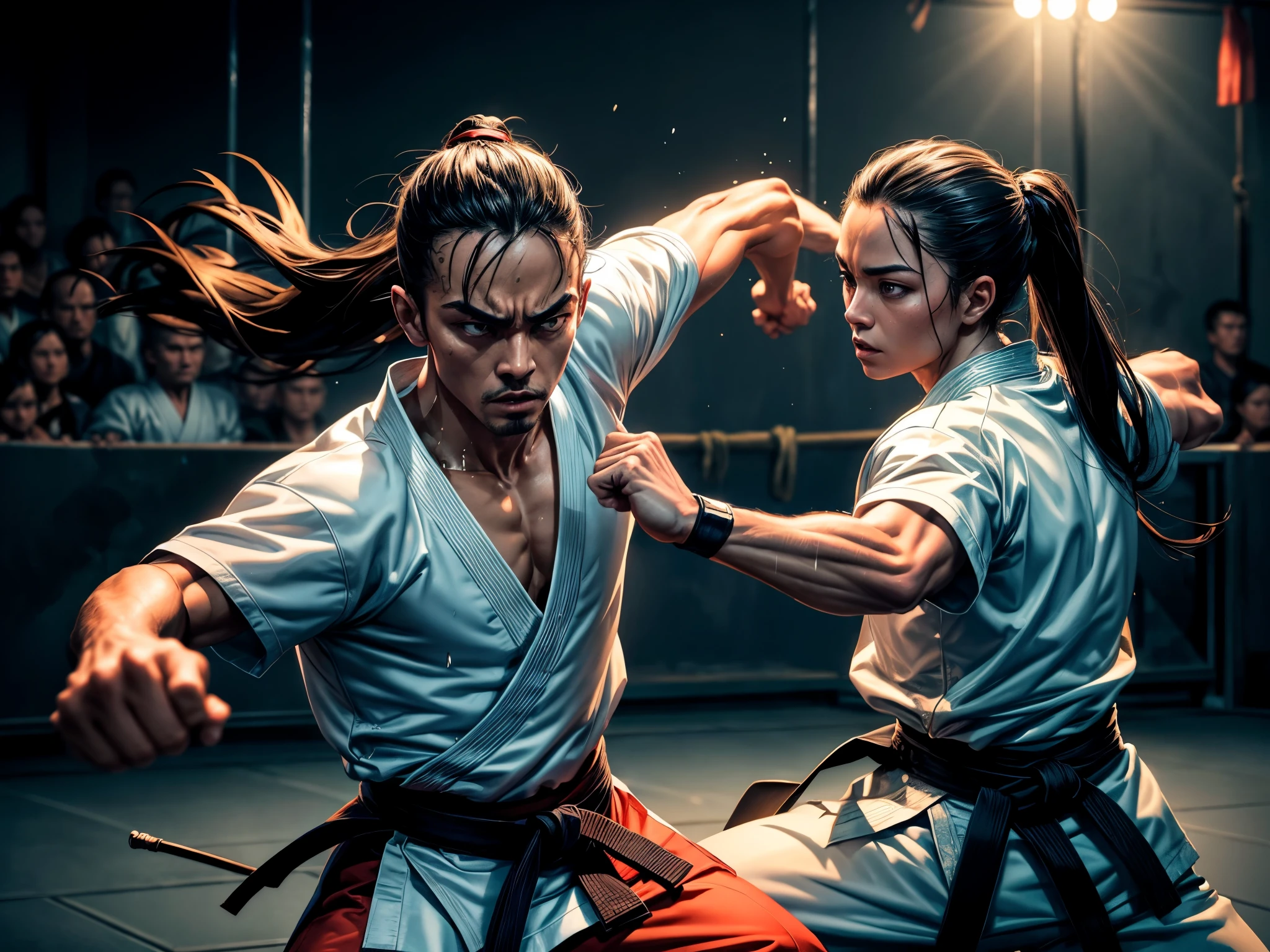 (final showdown,world championship finals,karate),oil painting,highly detailed characters,fierce battle between two karate masters,epic clash of strength and skill, intense expressions, exquisitely rendered movements, dynamic poses,strong lighting and shadows,enveloped in the dim glow of a martial arts studio, bold brushstrokes that capture the intensity of the fight,rich colors that evoke the energy and passion of the competition, masterful use of light and dark contrast to enhance the drama, masterfully rendered sweat drops that accentuate the physical effort, intricate costume details that reflect the traditions of karate, dust particles suspended in the air,gritty texture that adds depth and realism,all eyes focused on the final decisive move, spectators on the edge of their seats, capturing the essence of the exhilarating moment,transcending mere representation to convey the spirit and emotion of martial arts,to evoke a sense of excitement, tension, and anticipation, a true masterpiece in its own right.