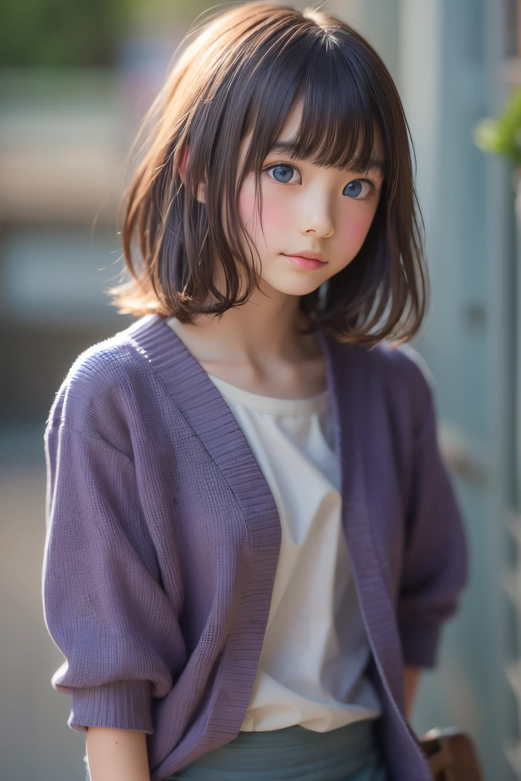 ((sfw: 1.4)), ((sfw, short hair, sidelocks-hair, 1 Girl)), Ultra High Resolution, (Realistic: 1.4), RAW Photo, Best Quality, (Photorealistic Stick), Focus, Soft Light, ((15 years old)), ((Japanese)), (( (young face))), (surface), (depth of field), masterpiece, (realistic), woman, bangs, ((1 girl))