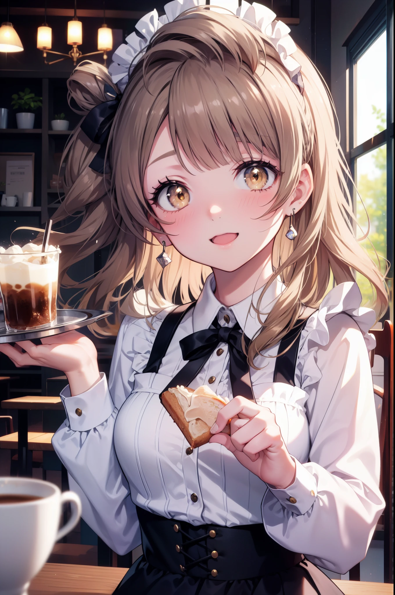 Kotori Minami, kotori minami, brown hair, (brown eyes:1.5),,one side up,open your mouth,smile,blush, hair ribbon, ribbon, long hair,headdress, dress, apron, looking at the viewer, clavicle, cute, smile, open your mouth, alone, long sleeve, indoor, Cafe, remainder, food, drink, table and chairs, cleaning, tray, tray in one hand
break looking at viewer,
break indoors, coffee shop, 
break (masterpiece:1.2), highest quality, High resolution, unity 8k wallpaper, (figure:0.8), (detailed and beautiful eyes:1.6), highly detailed face, perfect lighting, Very detailed CG, (perfect hands, perfect anatomy),