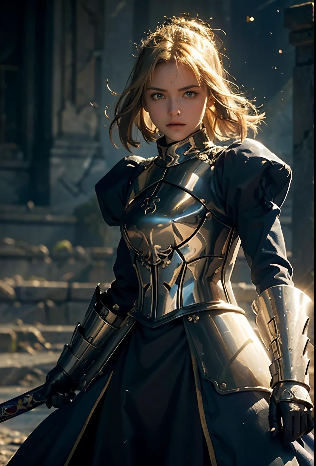 Create a hyper-realistic portrait of the renowned female knight known as Saber from the Fate series. She appears with her characteristic noble poise, her front-facing stance reveals her face—a visage that combines beauty with the fortitude of a seasoned warrior. Her hair is a golden halo cut in a classic bob, framing her fair face. Her striking green eyes, intense with focus and the wisdom of many battles, gaze directly at the viewer, drawing them into her story.

She dons her iconic armor, an exquisite fusion of medieval and modern aesthetics, with a gleaming silver breastplate detailed with blue and gold accents that signify her royal status and valor. The armor, while sturdy and combat-ready, is sculpted to her form, showcasing a balance of strength and femininity.

In one hand, she confidently holds the legendary sword Excalibur, its blade glowing with a bright, otherworldly light, illuminating her features and casting a gentle radiance on her armor. The background is a subtle suggestion of a historic battlefield, but her commanding presence is the heart of the image, symbolizing her role as a protector and hero across time.”
