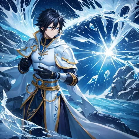 a man wearing the knight of the zodiac swan hyoga armor, black hair blue eyes, manipulating ice in a cold region
