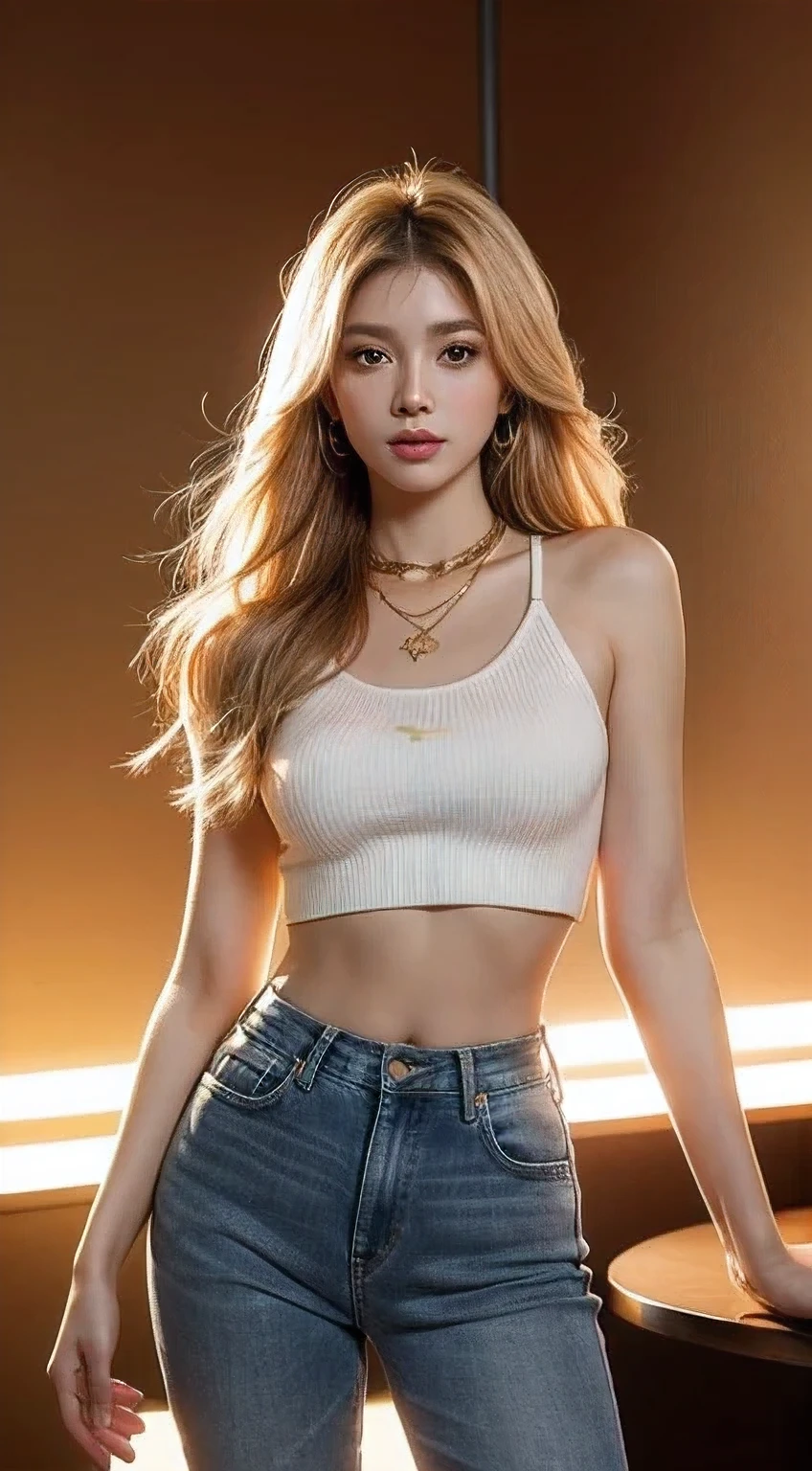 Generate a digital image of a beautiful woman with straight, honey blonde hair styled in a feathered cut. Capture her ((standing with arm crossed)) in a disco club, wearing high-waisted, light wash flare jeans with a frayed hem. Pair the jeans with a burnt orange, silky crop top and a long, gold chain necklace. The background should be a vibrant, retro disco scene with a mirrored disco ball reflecting colorful lights. Use a dynamic shot. Enhance the image with a warm, saturated color palette reminiscent of the 70s and a subtle grain effect for a vintage feel.