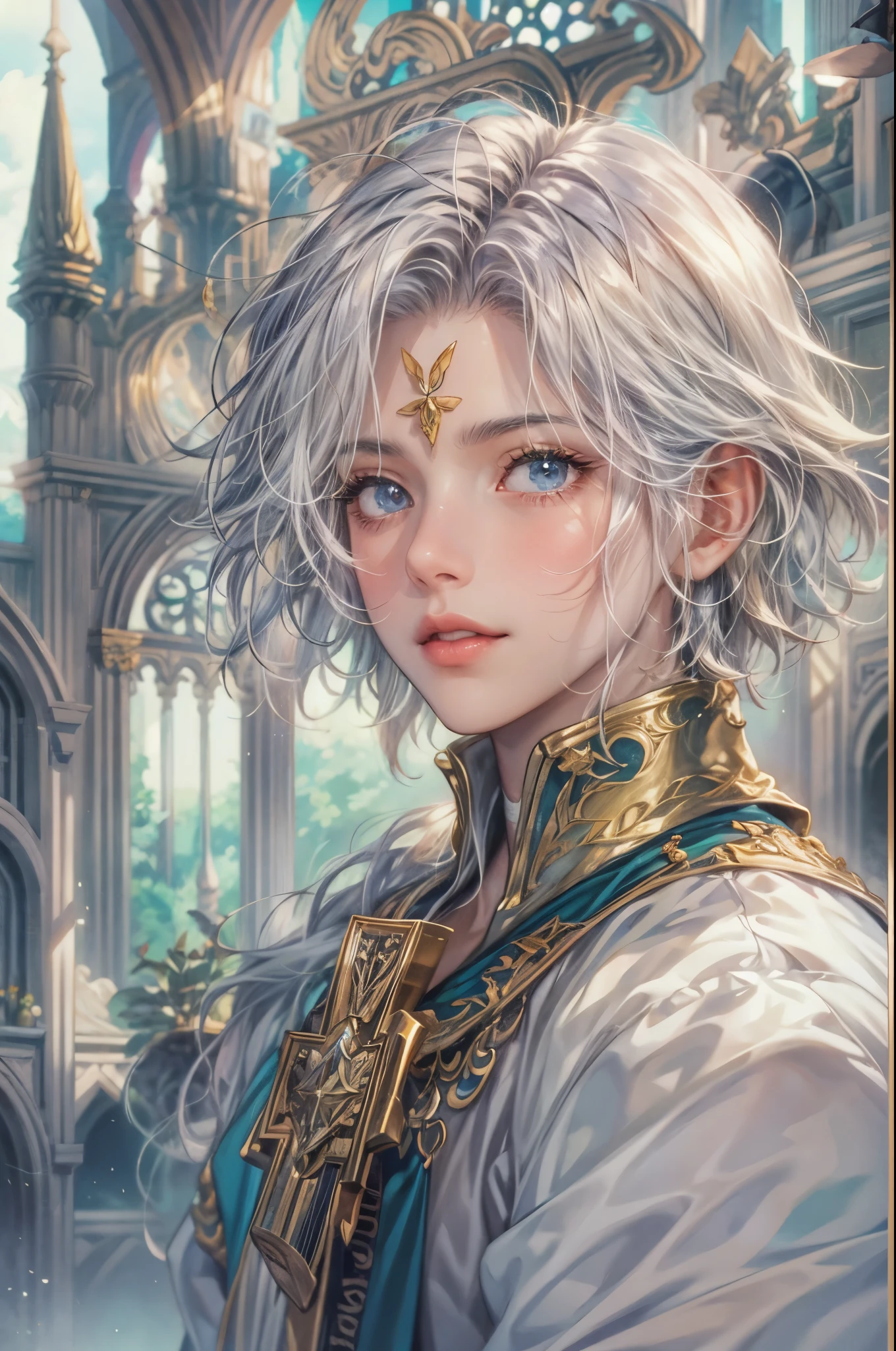 ((Best quality)), ((masterpiece)), (detailed), ((perfect face)), ((halfbody)) handsome face, male, teen boy,  perfect proportions , a character from anime legend of mana teardrop crystal, silver hair, short hair, male version , gnostic church of domina scene, gnostic church of domina background, gnostic ghibli scenery background 