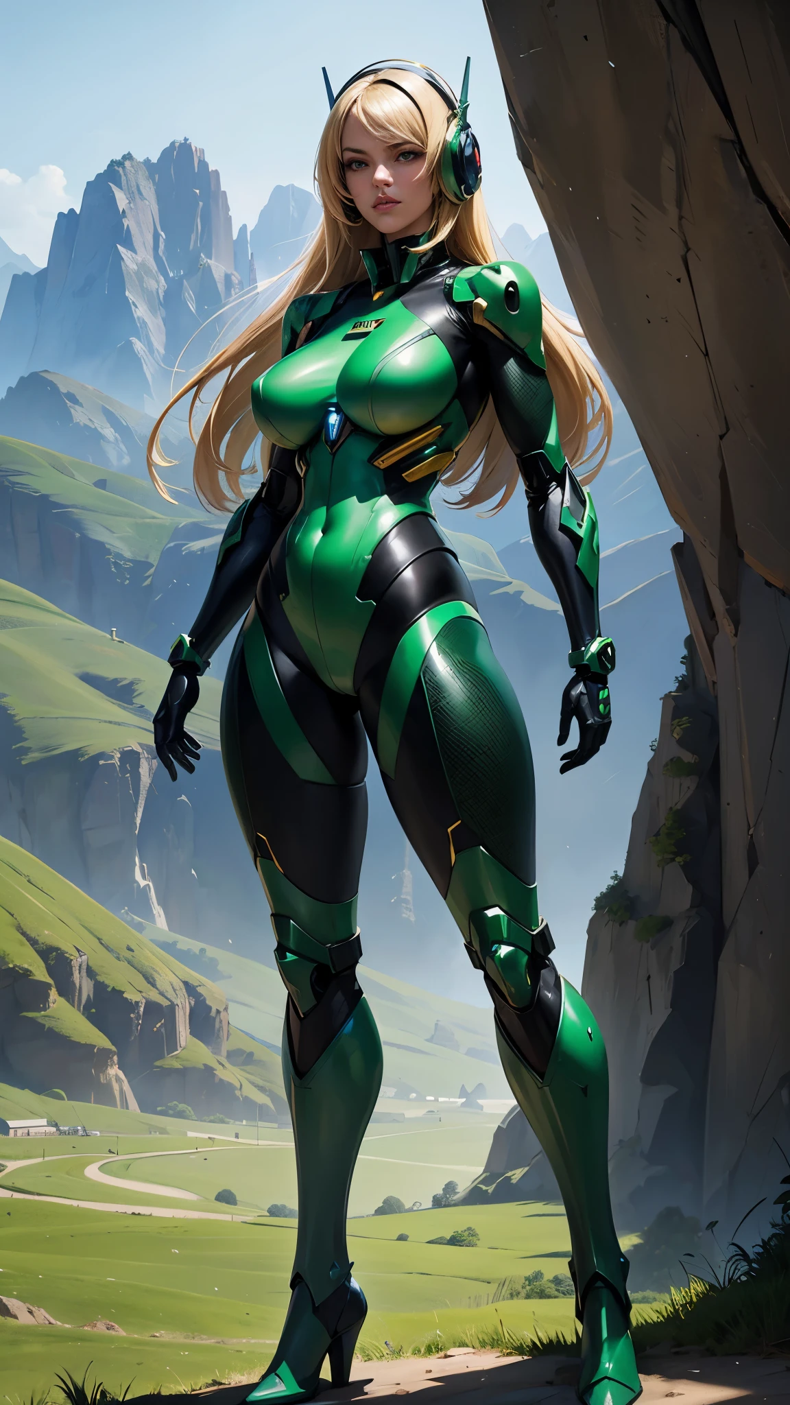 solo, blonde girl, super fine photo, portrait Unreal Engine 5 8K UHD of sexy girl, standing in rock, skin tight, mecha outfit, mecha headphone, sensual pose, green mecha suit, hot iconic character, smooth skin, full body,  futuristic suit, mecha machine in belly, mecha bra with blue LED, green mecha belt, collar, green mecha glove, high mecha boots, green mecha arm and leg, black mecha pant, best quality, masterpiece, official art, unified 8k wallpaper, super detail, sharp focus, sexy pose, body parts, no extra limbs, precious anatomy, mountain, big rock, bamboo tree, gras, beautiful sky,
