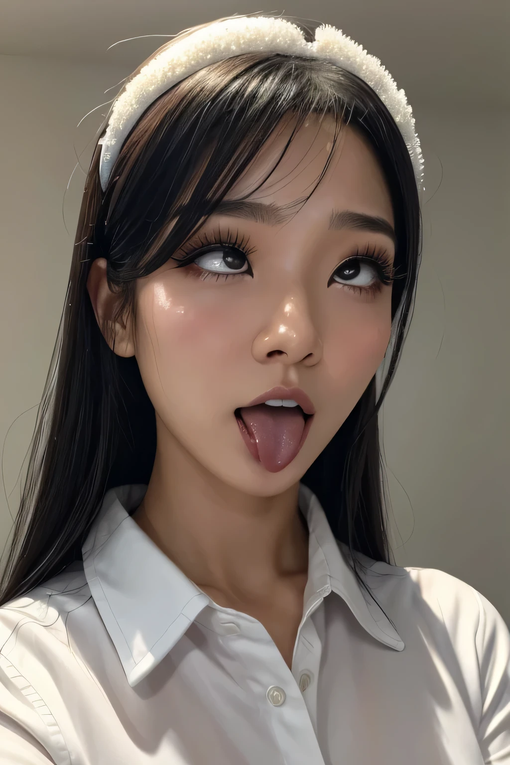 A woman with a white shirt and a white headband sticking out her tongue -  SeaArt AI