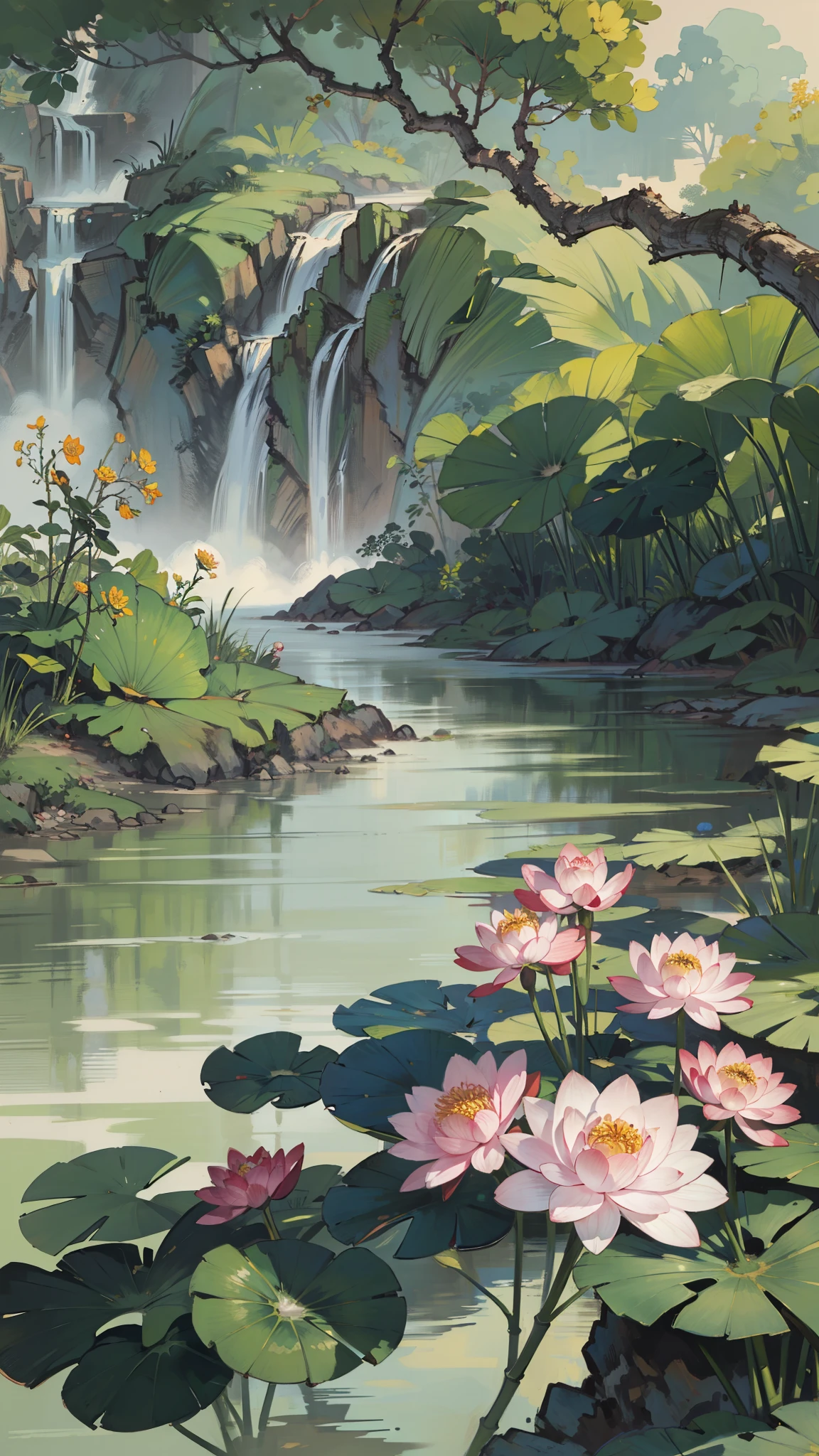 ((beste Qualität, Meisterwerk: 1.2)), CG, 8k, komplizierte Details, Perspektive, (Niemand da), (Antike chinesische Gärten), pond filled with lotus Blumen, Felsen, Blumen, Bambuswald, Fall, Waldgebiete, Kleine Brücke über den gurgelnden Bach, detailed foliage and Blumen, (Die Sonne scheint, Glitzernde Wellen), friedliche und ruhige Atmosphäre, ((Sanfte und elegante Farben)), ((Fein gearbeitete Kompositionen))