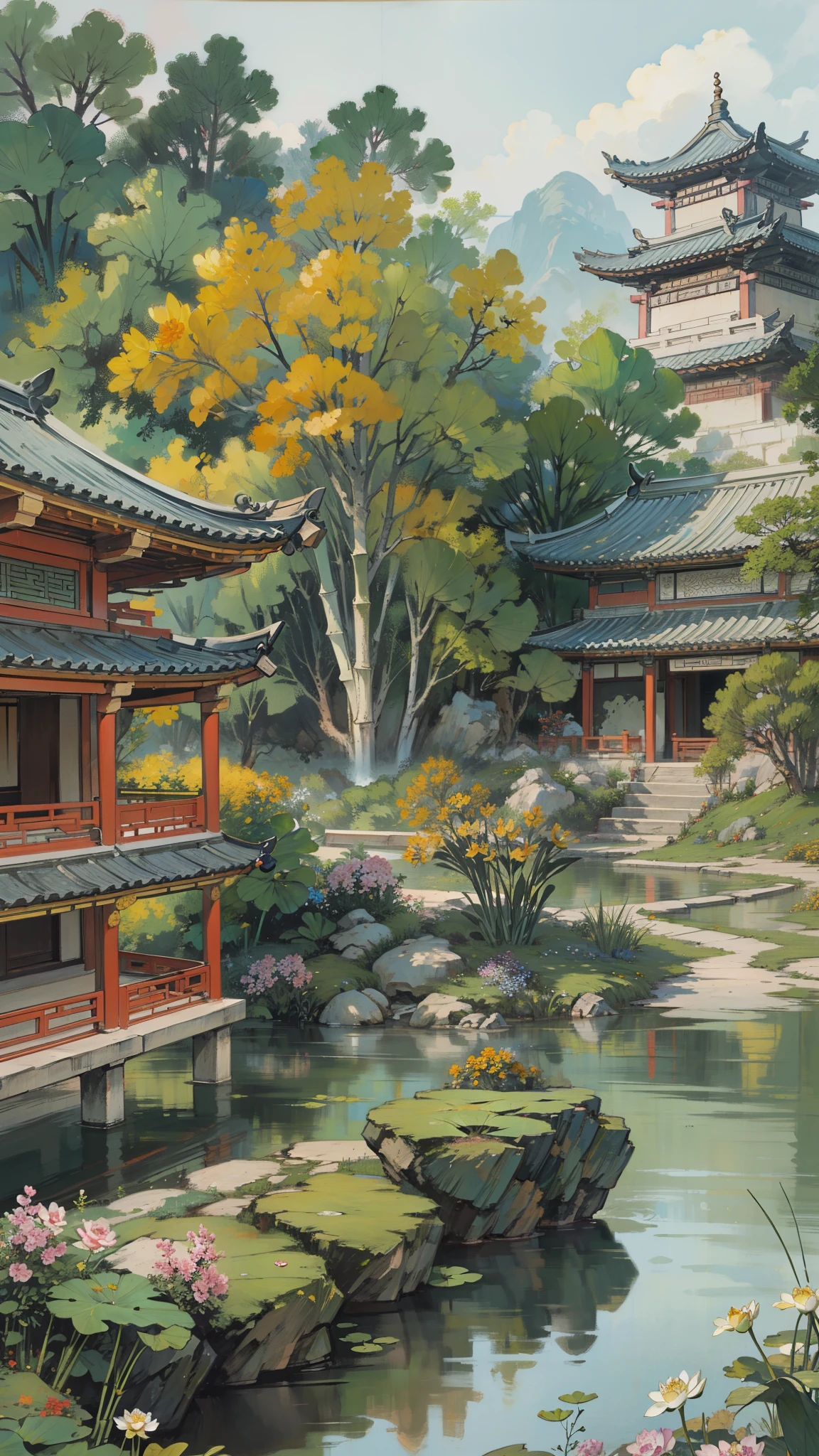 ((meilleure qualité, chef-d&#39;œuvre: 1.2)), cg, 8k, Détails complexes, Perspective, (Personne autour), (Jardins chinois anciens), pond filled with lotus fleurs, rocher, fleurs, foret de bambou, automne, zones boisées, Petit pont traversant un ruisseau gargouillant, detailed foliage and fleurs, (le soleil brille, Vagues scintillantes), Ambiance paisible et tranquille, ((Couleurs douces et élégantes)), ((Des compositions finement travaillées))