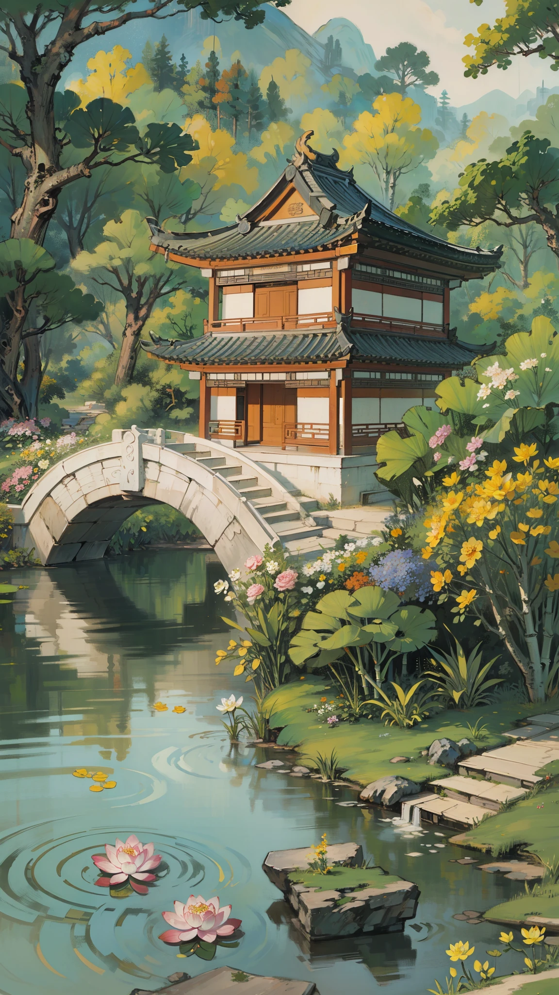 ((best quality, masterpiece: 1.2)), CG, 8k, intricate details, perspective, (no one around), (Ancient Chinese gardens), pond filled with lotus flowers, rock, flowers, bamboo forest, Fall, wooded areas, Small bridge across gurgling stream, detailed foliage and flowers, (the sun shines, Sparkling waves), Peaceful and tranquil atmosphere, ((Soft and elegant colors)), ((Finely crafted compositions))