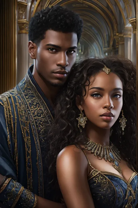 Cover of fantasy darkromance book, a darskin young man and a darkskin young woman, very beautiful, curly hair. The book is about...