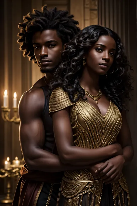 Cover of fantasy darkromance book, a darskin young man and a darkskin young woman, very beautiful, curly hair. The book is about...