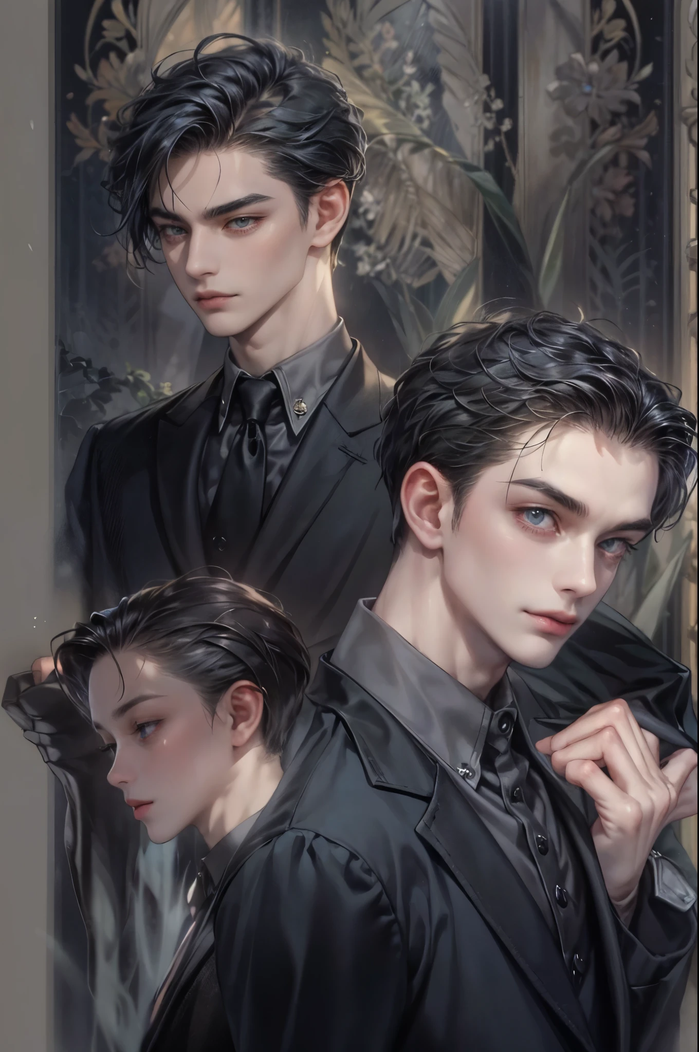 ((Best quality)), ((masterpiece)), (detailed), ((perfect face)), ((halfbody)) handsome face, male, teen boy,  perfect proportions , a male version character from the addams family, short hair, male version, creepy smile, detailed eerie background, detailed eerie scenery 