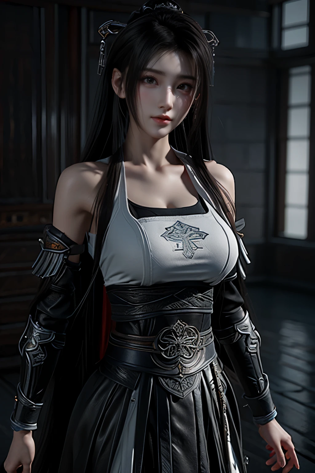 Masterpiece,Game art,The best picture quality,Highest resolution,8K,(Portrait),Unreal Engine 5 rendering works,(Digital Photography),((Portrait Feature:1.5)),
20 year old girl,Short hair details,With long bangs,(The red eye makeup is very meticulous),(With long gray hair:1.4),(Large, full breasts),Elegant and noble,Brave and charming,
(Future armor combined with the characteristics of ancient Chinese armor,Hollow design,Power Armor,The mysterious Eastern runes,A delicate dress pattern,A flash of magic),Warrior of the future,Cyberpunk figures,Background of war,
Movie lights，Ray tracing，Game CG，((3D Unreal Engine))，OC rendering reflection pattern