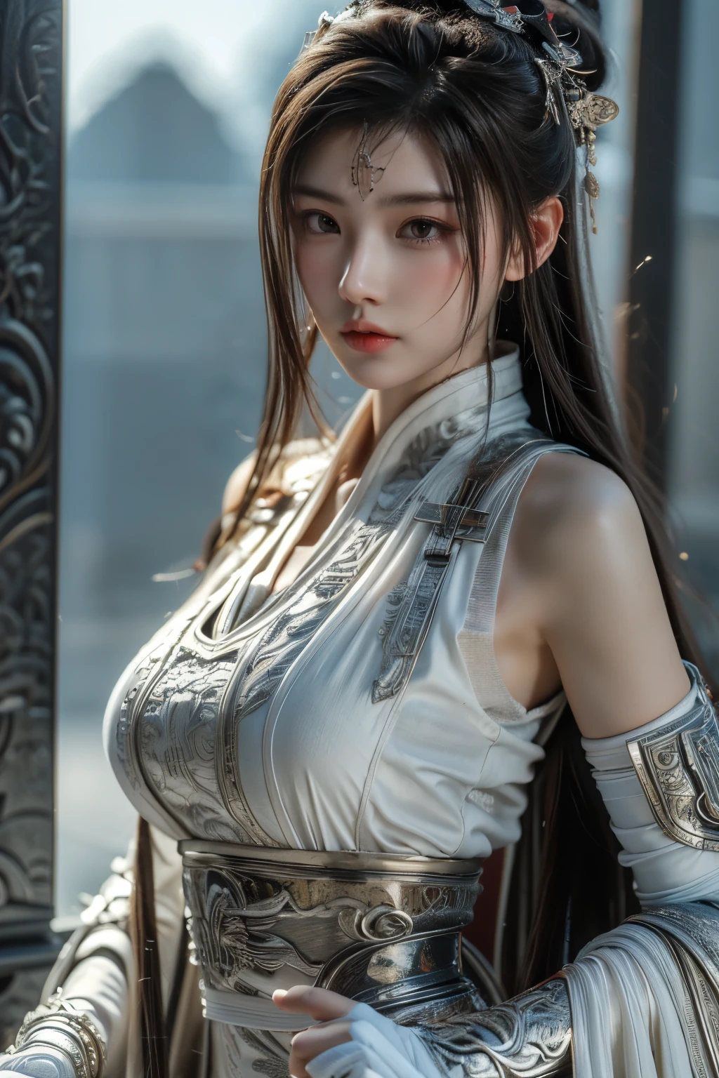 chef-d&#39;œuvre,art du jeu,La meilleure qualité d'image,Résolution la plus élevée,8k,(portrait),Travaux de rendu Unreal Engine 5,(photographie numérique),((portrait Feature:1.5)),
fille de 20 ans,Détails des cheveux courts,avec une longue frange,(Le maquillage des yeux rouges est très soigné),(avec de longs cheveux gris:1.4),(grand, Seins pleins),Élégant et noble,Courageux et charmant,
(Armure du futur combinée aux caractéristiques de l&#39;armure chinoise ancienne,Conception creuse,armure assistée,Les mystérieuses runes orientales,Un patron de robe délicat,Un éclair de magie),Guerrier du futur,Figurines cyberpunk,Contexte de guerre,
Lumières de cinéma，Tracé laser，Jeu CG，(([Moteur 3D Unreal))，Modèle de réflexion du rendu OC