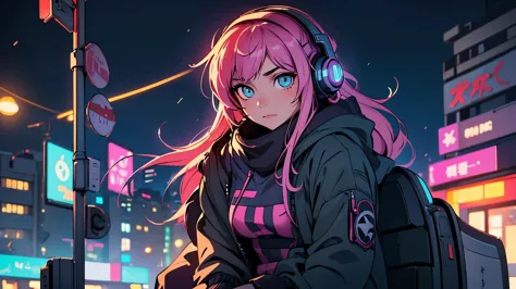 (best quality, detailed, perfect face, beautiful girl listening to music, sitting at a bus stop, cyberpunk appearance, unique ha...