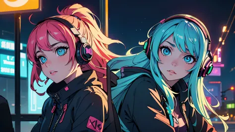 (best quality, detailed, perfect face, beautiful girl listening to music, sitting at a bus stop, cyberpunk appearance, unique ha...