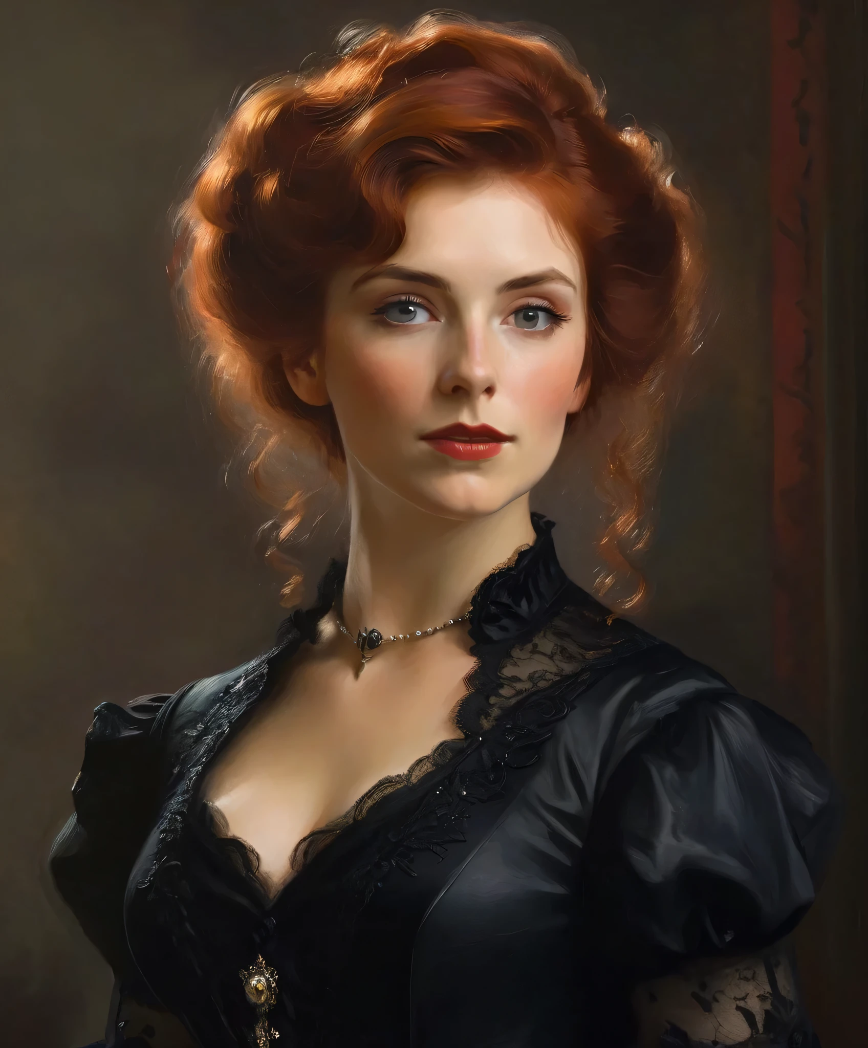 close-up of a woman with red hair and a black dress, Beautiful Victorian woman, Oil painting depicting a realistic woman, elegant victorian vampire, beautiful portrait oil painting, digital art of elegance, beautiful portrait of a woman, Victorian lady, Victorian woman portrait, elegant digital painting, charming mesmer woman, beautiful portrayal of characters, fantasy portrait art