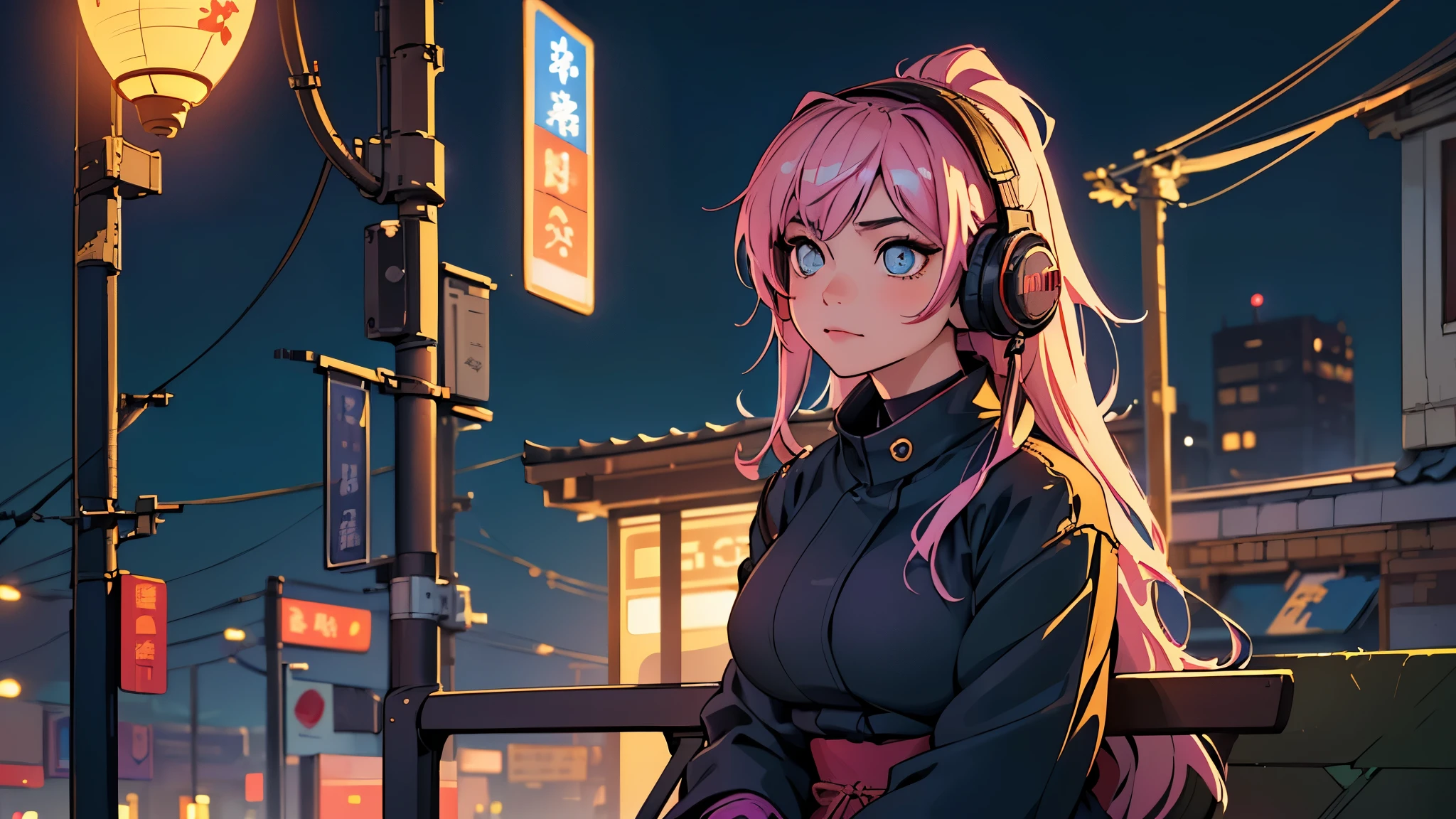 (highest quality,Edo period town、be familiar with,perfect face,beautiful woman listening to music,sitting at the bus stop,cyberpunk look、unusual hair color,soft lighting,Bright colors,sparkling ornaments,night,peaceful atmosphere,Cozy background,expressive eyes,flowing hair,Headphones On,bright eyes,Likeable character、alone、big breasts