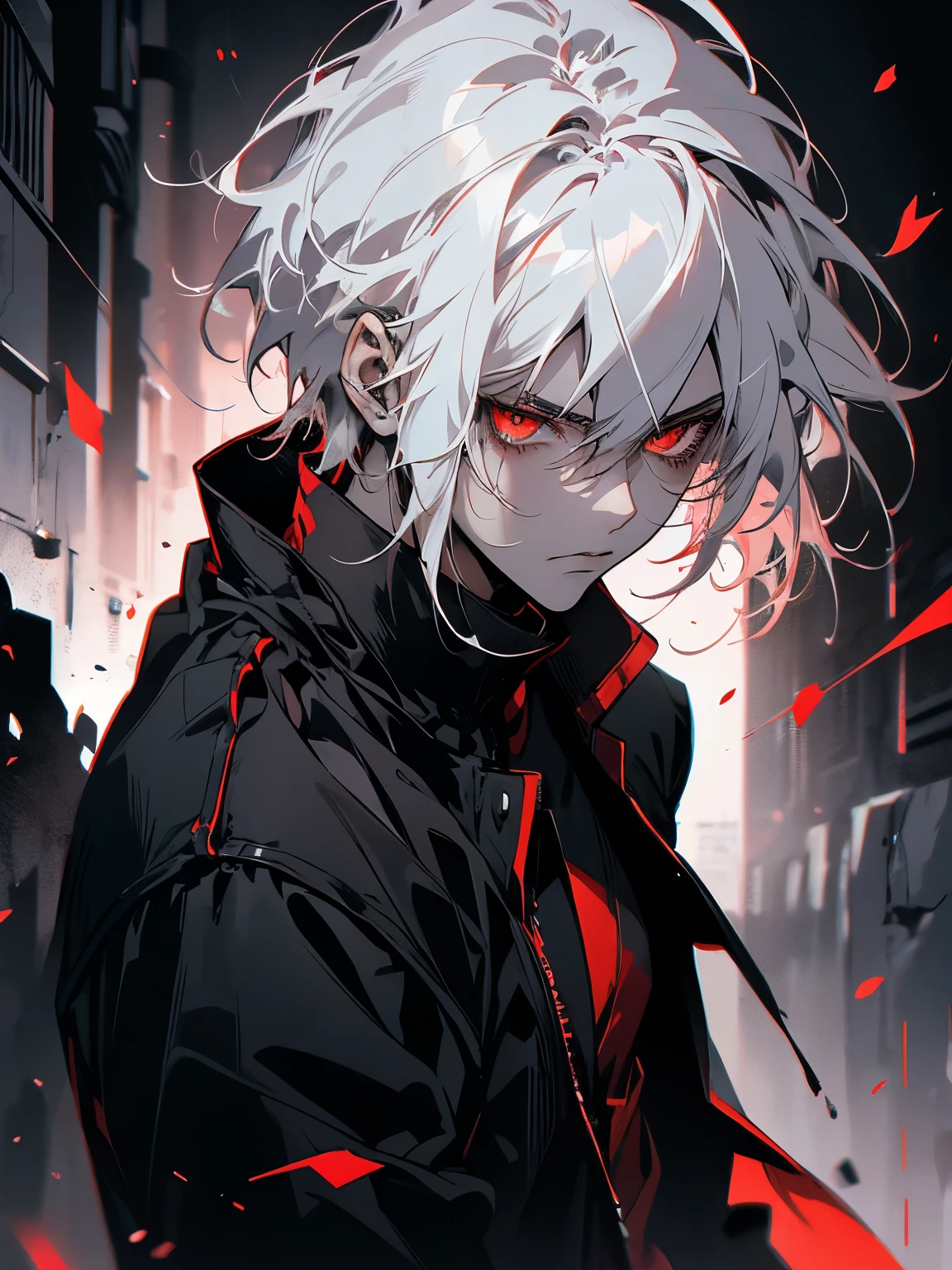 hight resolution,close range、Anime boy with white hair and red eyes staring at camera, Glowing red eyes,slim, dressed in a black outfit,Shadow Body,de pele branca,monochromes,hair messy,Straight face、Diagonal angle