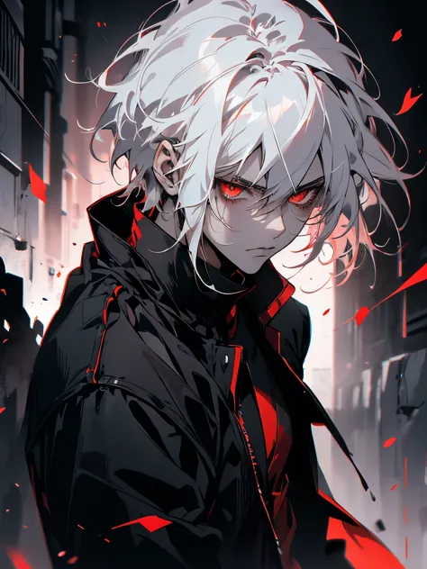 hight resolution,close range、anime boy with white hair and red eyes staring at camera, glowing red eyes,slim, dressed in a black...