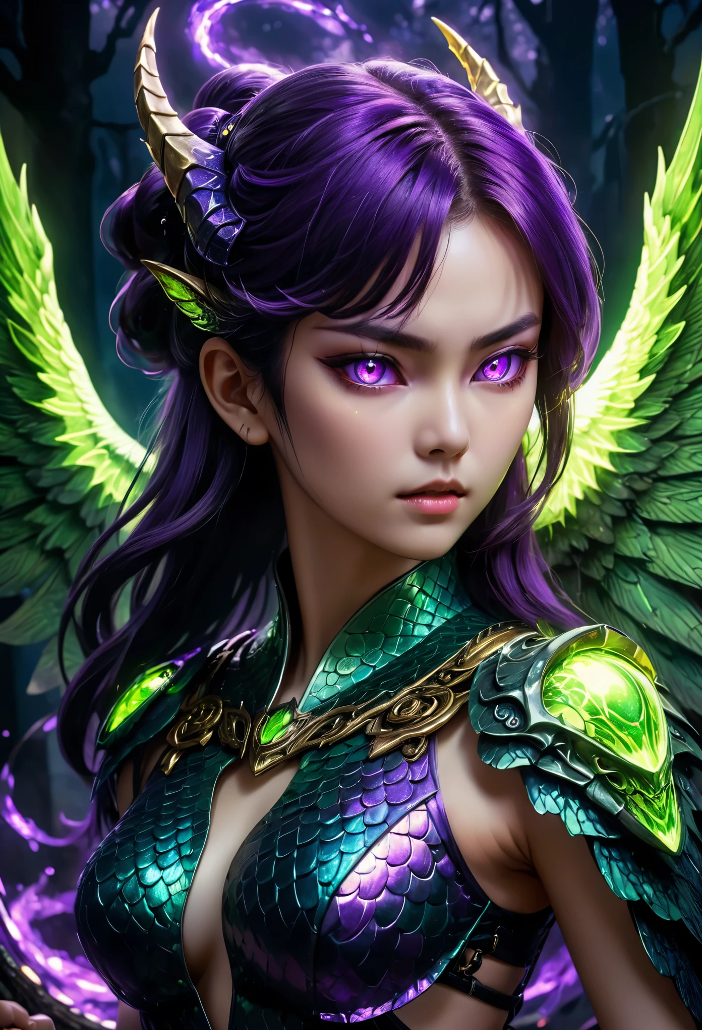 Artist by Tintoretto, masterpiece (best quality: 1.3), super detailed, complex, 8k, HDR, wallpaper, dynamic movements, color scheme, (upper body close-up), Dragon Girl, (detailed eyes, face covered with scales, serrated mouth), necrotic scaly skin, black, purple, neon green, ominous light, glowing, ghostly fiery eyes, protruding bone fragments on wings, eerie halo Shining runes, sharp claws, spectral tones, drifting lights, mythological creatures, Japanese manga style