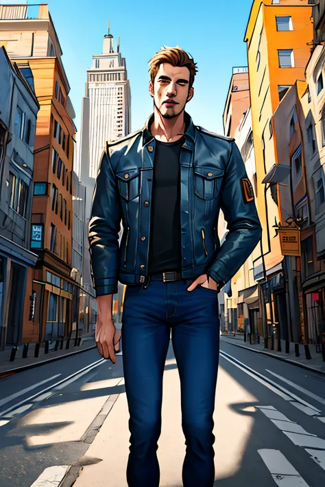 joe bidden, man, president, jacket, shirt, jeans, city street, detailed background,  best quality, high-definition, CG