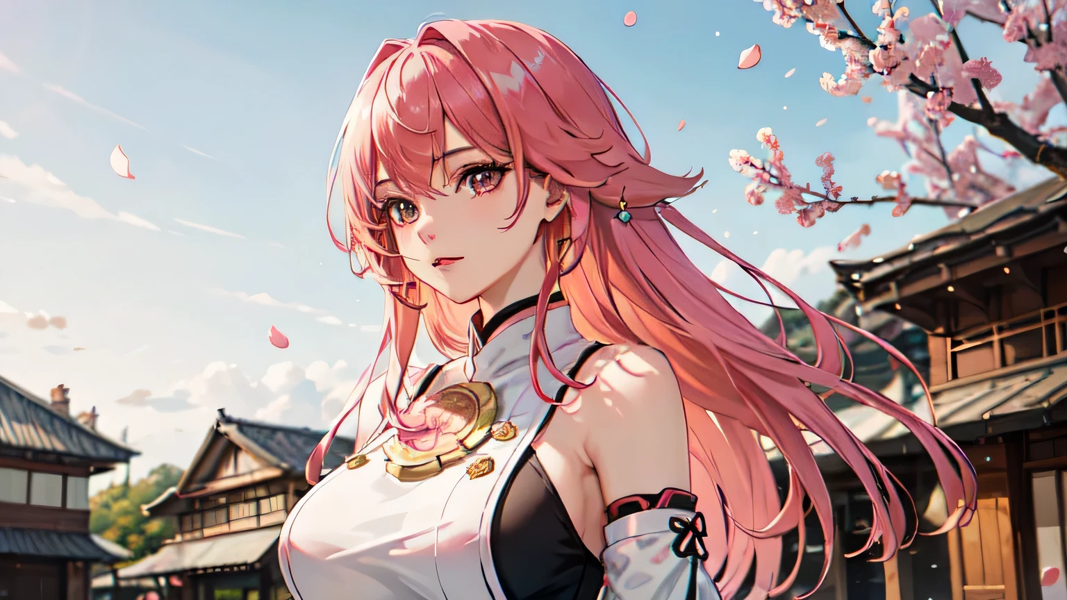 best quality, masterpiece,highly detailed,semi-realistic,1woman,mature female,upper body,yae miko,(ulzzang-6500-v1.1:0.5),giant big breasts,beautiful face,long hair,pink hair,sakura petals in sky,ancient town in background,depth of field,looking at viewer,