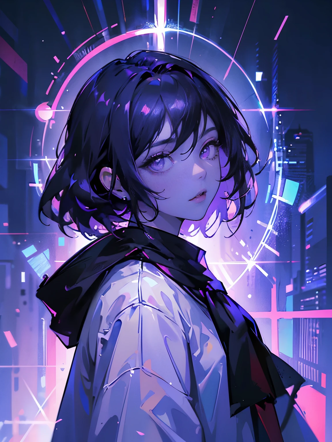 (masterpiece, top quality, best quality, official art, beautiful and aesthetic), female, medium black hair, blue side hair, equals eyes, sharp eyes, purple eyes, white skin, Dynamic Pose, Extreme Detail, white shirt, white hood, Effect