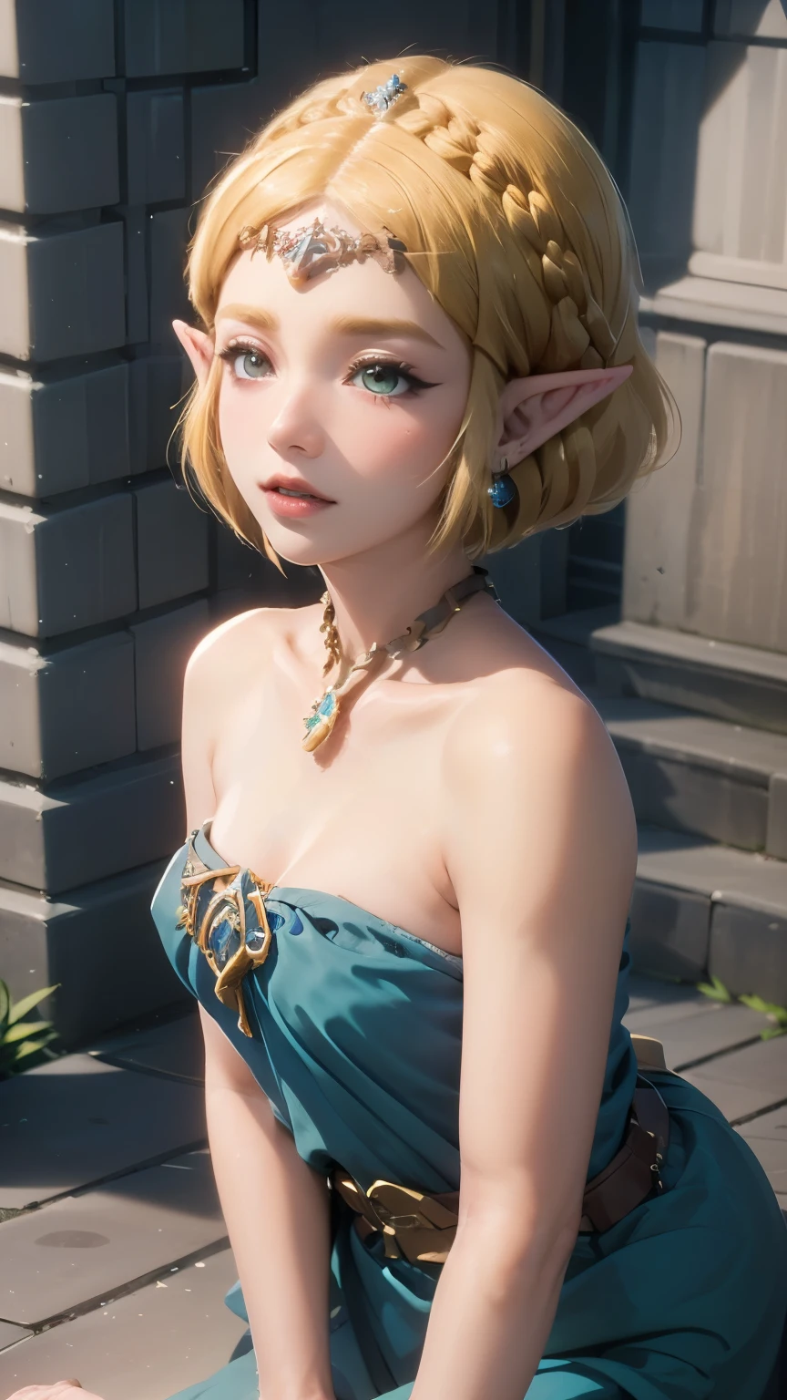 (((Best Quality))), ((Ultra-detailed)), (extremely detailed photo), ((extremely delicate and beautiful)),(Cute delicate face), ((masterpiece)), perfect anatomy, intricate, (highly detailed), masterpiece, photorealistic,A 23 years old dignified Princess Zelda,(Background of Hyrule Castle),(holding Master Sword),tall girl,(gold hair and crown braid and short hair and blue eyes),(Dynamic pose),alone, double eyelid,delicate skin,slender body shape,Legend of Zelda tears of the kingdom