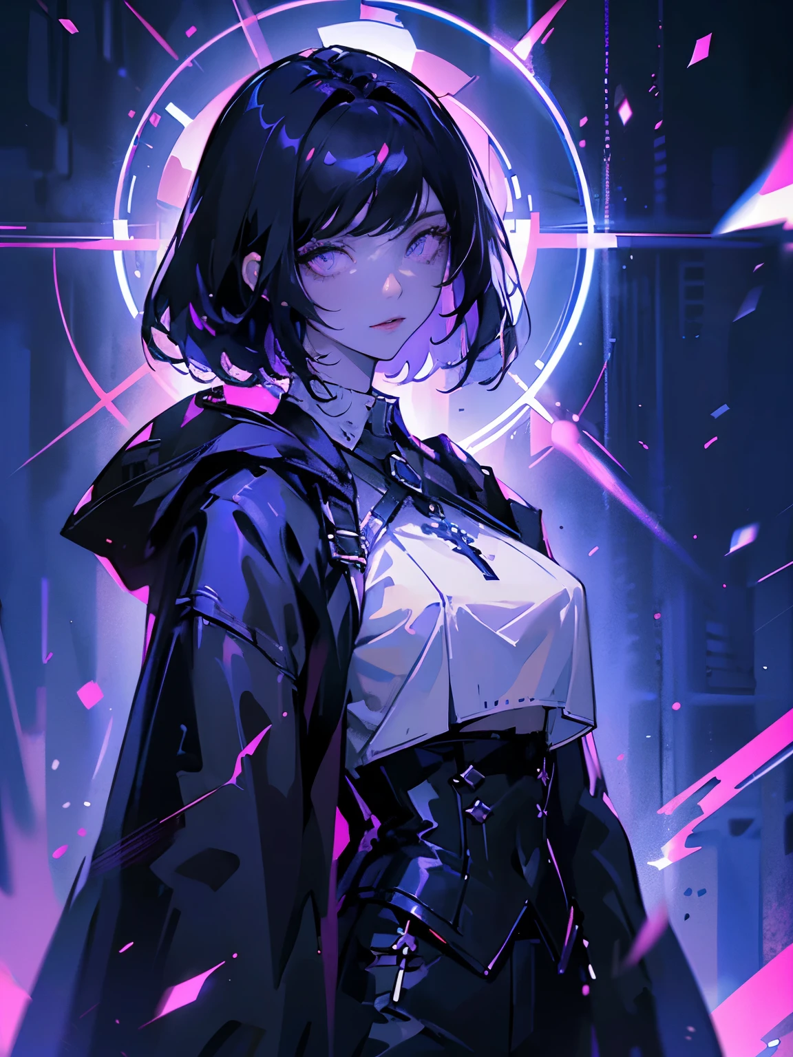 (masterpiece, top quality, best quality, official art, beautiful and aesthetic), female, medium black hair, blue side hair, with bangs, equals eyes, sharp eyes, glowing purple eyes, white skin, Dynamic Pose, Extreme Detail, white shirt, white hood, Effect