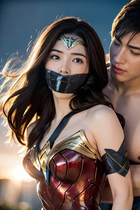 perfect wonder woman costume,Sleeping face,Close ~ eyes,face of suffering,sky face,sleeping face, being Embraced by a man,Embraced by a man,Embraced by a man,Captured by a man,Detained by a man、brown hair, ,improvised gag, tape gag, gagged, duct tape, tape...