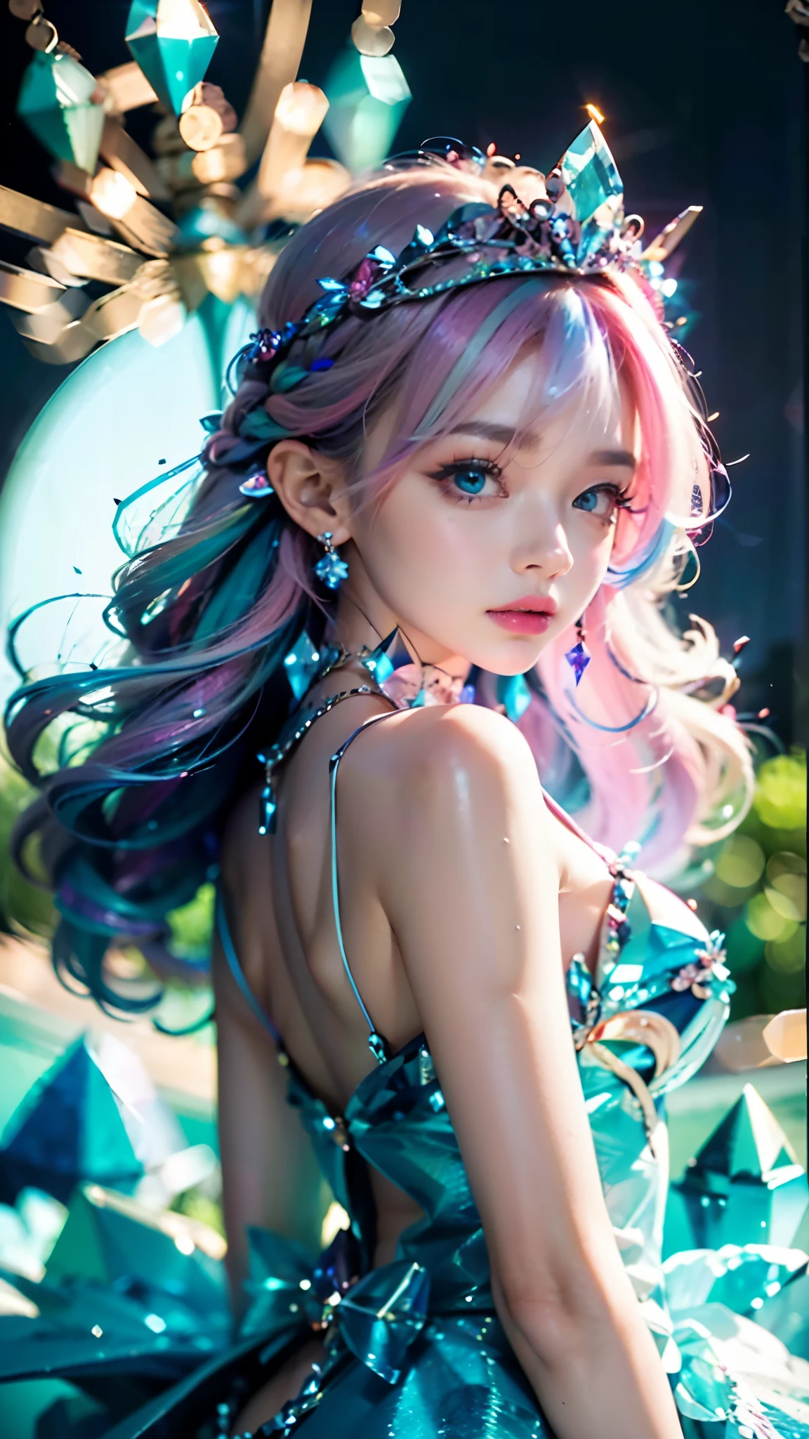 best quality，masterpiece，16k，1girl, bangs, bare shoulders, breasts, crown, crystal, dress, from side, gem,Colorful crystals,Crystal Headwear,There are many crystals on the clothes,Colorful gradient hair,Colorful Dress,Floating Colorful Crystal,Crystal on the body,Crystal necklace,Colorful crystal decoration,Crystal Girl, gradient hair, jewelry, long hair, makeup, medium breasts, multicolored hair, pink hair, solo, tiara