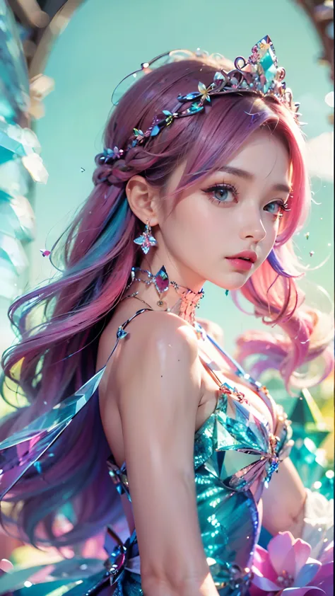 best quality，masterpiece，16k，1girl, bangs, bare shoulders, breasts, crown, crystal, dress, from side, gem,colorful crystals,crys...