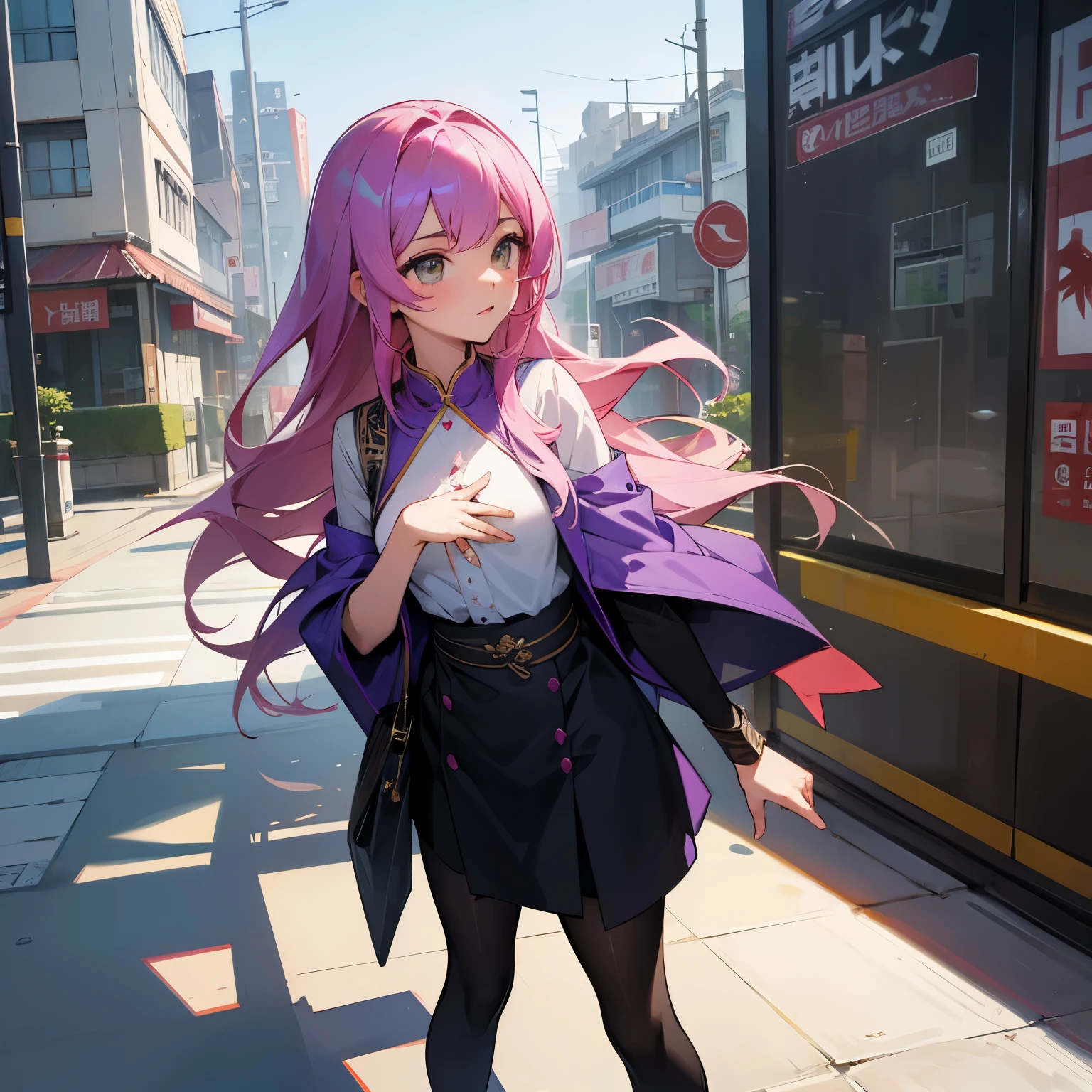 Chica anime con cabello rosado y chaqueta morada en una calle de la ciudad.  - SeaArt AI