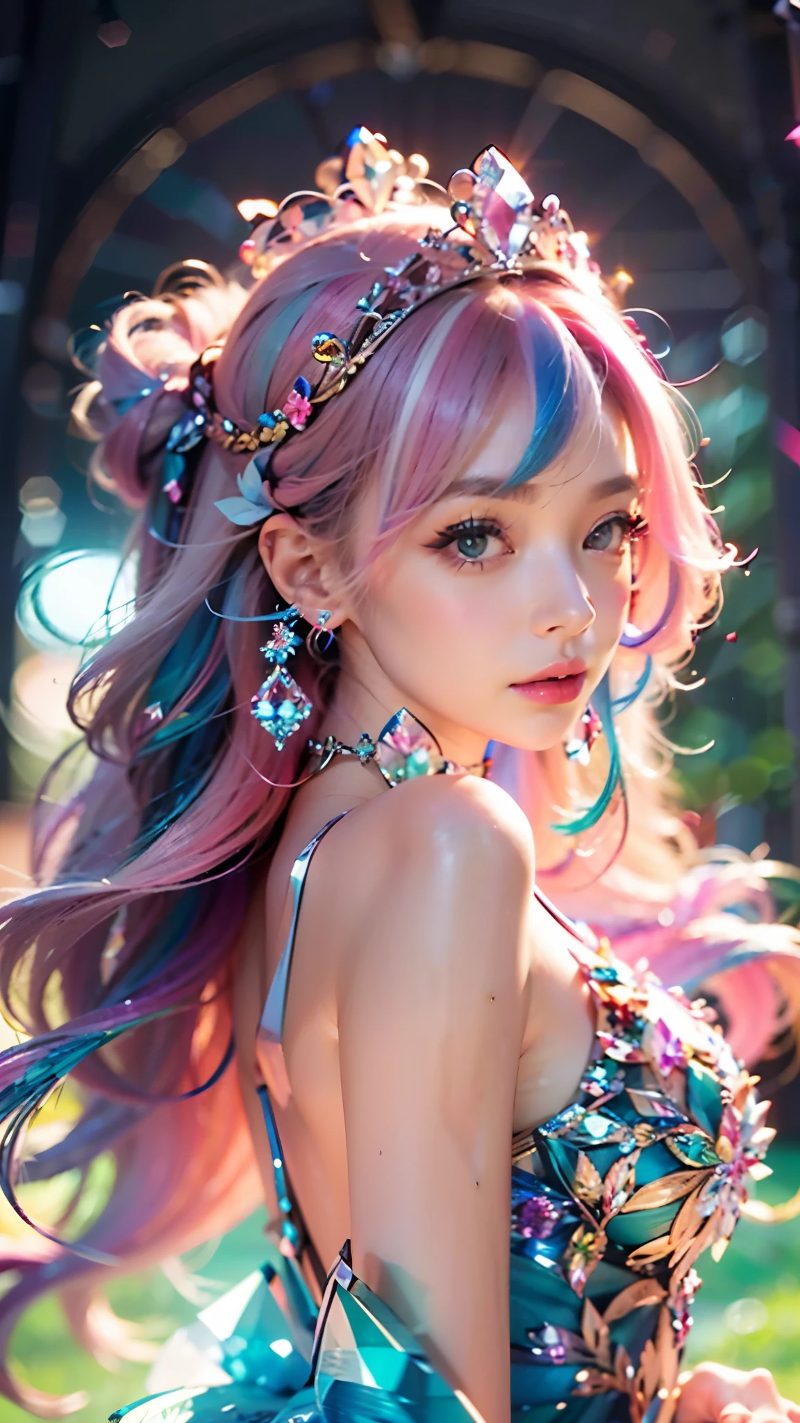 best quality，masterpiece，16k，1girl, bangs, bare shoulders, breasts, crown, crystal, dress, from side, gem,Colorful crystals,Crystal Headwear,There are many crystals on the clothes,Colorful gradient hair,Colorful Dress,Floating Colorful Crystal,Crystal on the body,Crystal necklace,Colorful crystal decoration,Crystal Girl, gradient hair, jewelry, long hair, makeup, medium breasts, multicolored hair, pink hair, solo, tiara