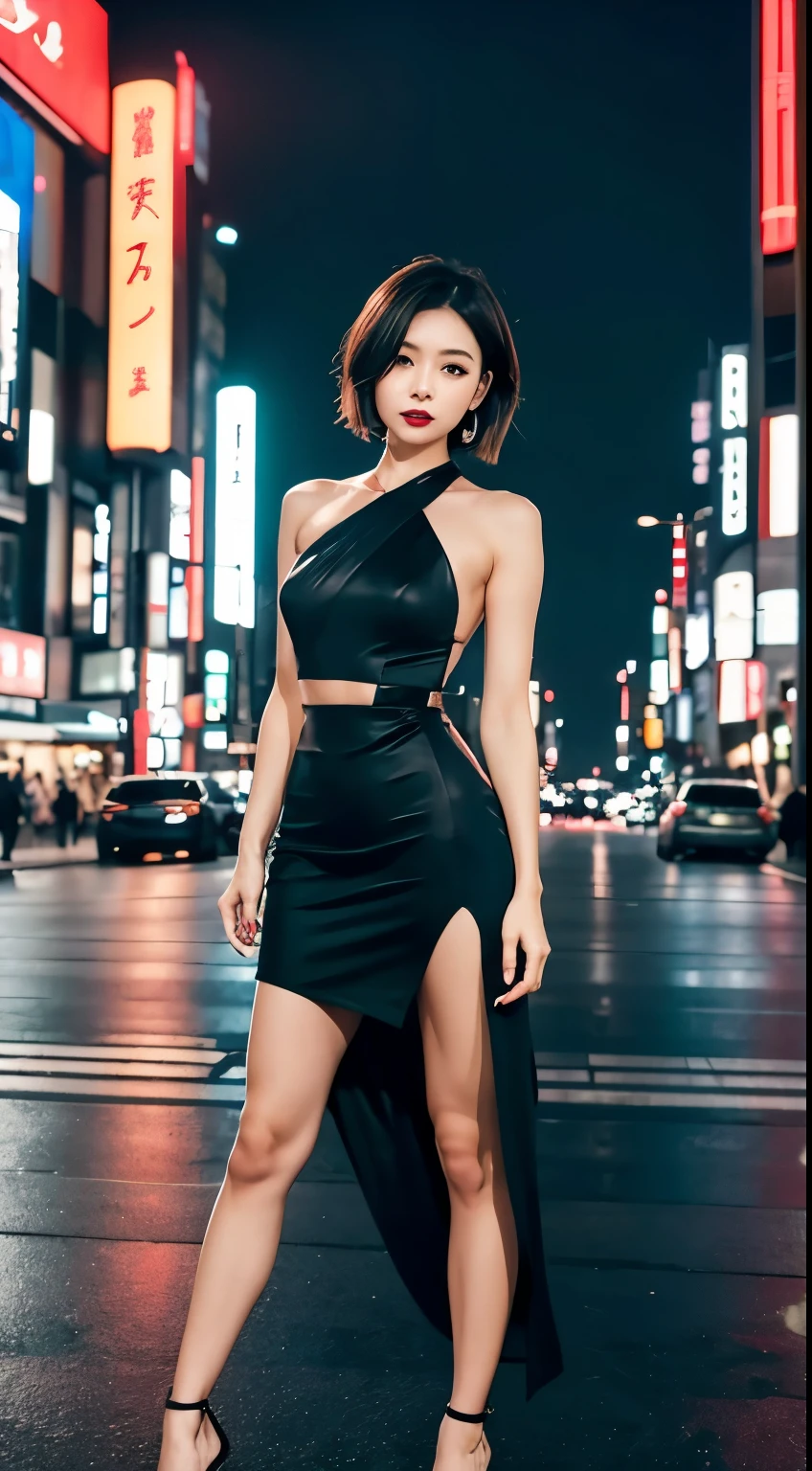 A stunning Japanese woman with a flawless figure, embodying both elegance and allure. She's striking a seductive pose in a contemporary, high-fashion outfit. The outfit is a sleek, form-fitting dress with a daringly high slit, highlighting her long, slender legs. The color of the dress is a deep, enchanting emerald green, complementing her smooth, porcelain-like skin. Her hair is styled in a chic, modern bob with subtle highlights, enhancing her sharp, yet delicate facial features. She is wearing bold, yet tasteful makeup, with smoky eyeshadow and a vivid red lipstick that adds a pop of color. The background is a stylish, minimalist cityscape at twilight, with the glow of city lights creating a romantic ambiance. Her expression is captivating, a mix of confidence and a hint of mystery, drawing the viewer into the narrative of a modern, fashionable Tokyo night.