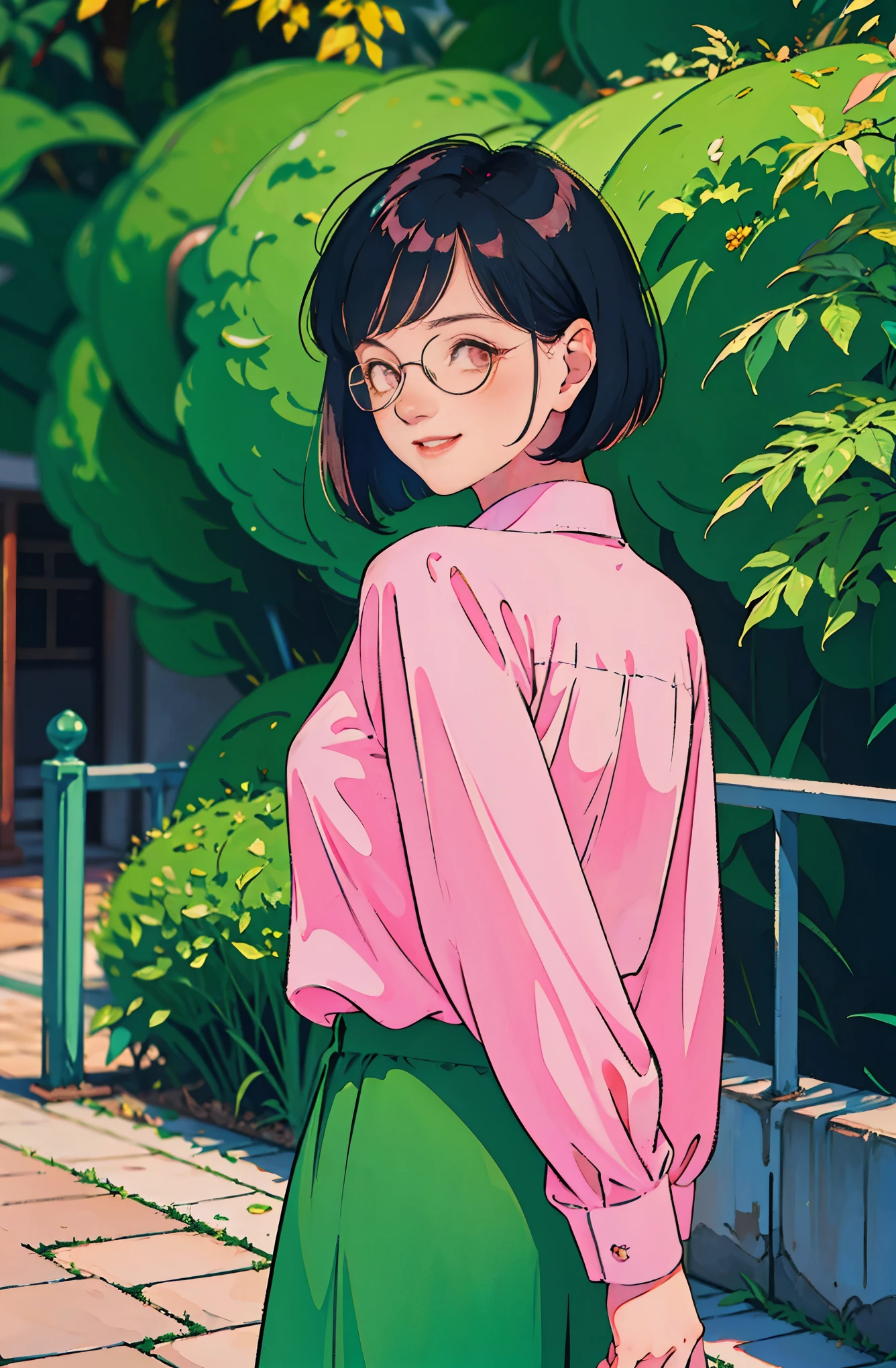 a beautiful Indonesian-looking woman aged 20 years, wearing oval glasses, short wavy bob hairstyle, wearing an oversized pink women's shirt, back view, photo pose from behind with a smiling face looking at the camera, sidewalk background with green vegetation surrounding. bokeh, high detail, retro gradient effect,