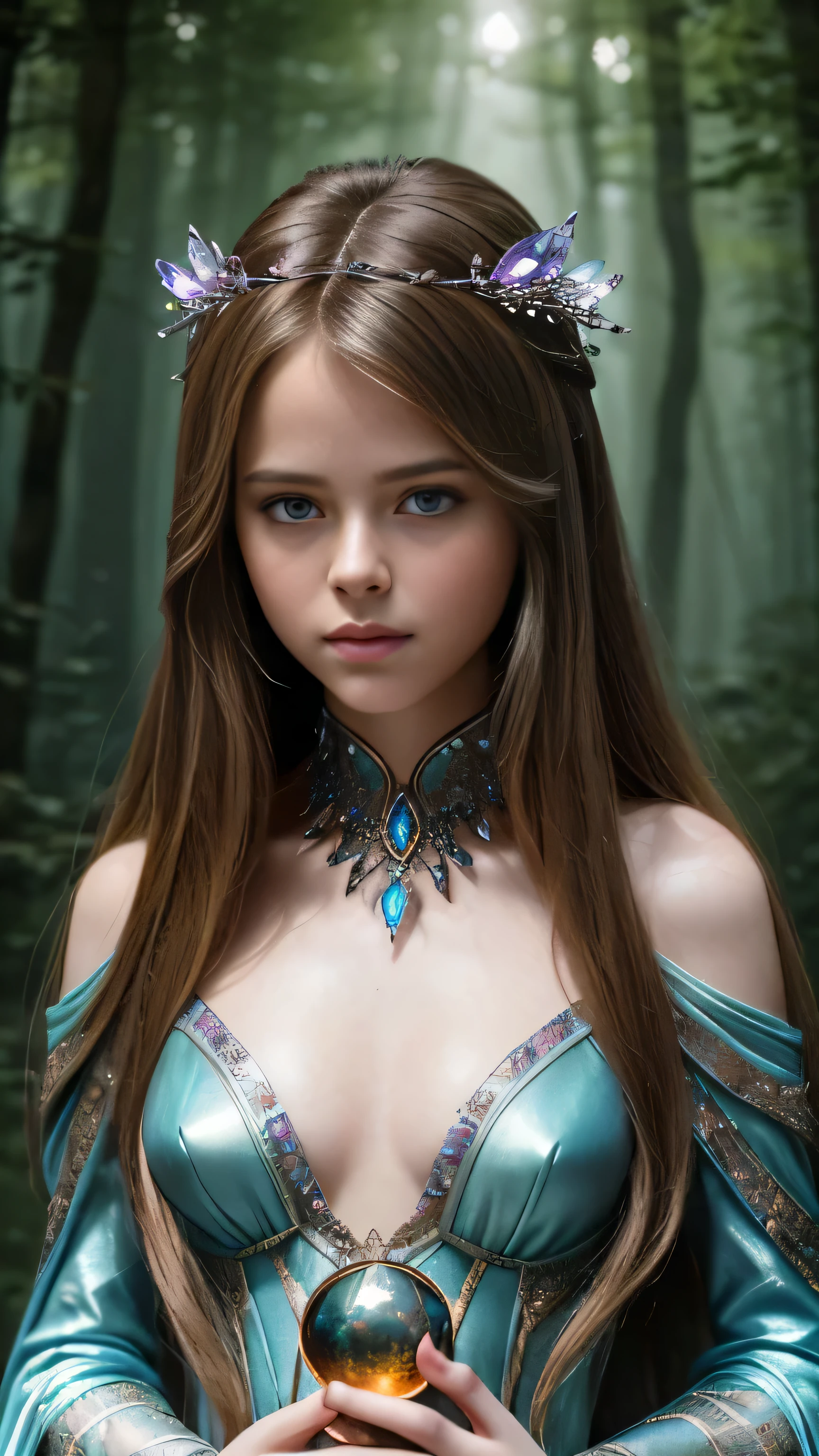 (cinematic photograph of a detailed beautiful 18-year old woman with ((facial and body characteristics that is similar to Kristina Pimenova))), (), (The Dark Crystal Mystical Creatures: Theme: Otherworldly creatures and fantasy landscapes. Clothing: Fantasy-inspired outfits with earthy tones. Scene: A mystical forest or a crystal-filled cavern. Props: Fantasy creature figurines, crystal ball, or ethereal accessories.)), (), (), finely detailed, ultra-realistic features of her pale skin and (slender and athletic body), and (symmetrical, realistic and beautiful face), candid, (), (), (()), (), film stock photograph,  rich colors, hyper realistic, lifelike texture, dramatic lighting, strong contrast