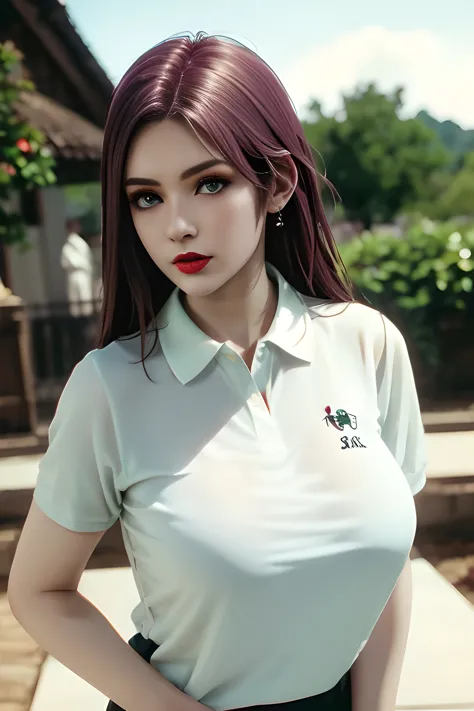 night,moonlight,1 girl,(white polo shirt:1.4),(casual pants),outdoor activities,  (standing posture),grace,(((red lips))), lips ...