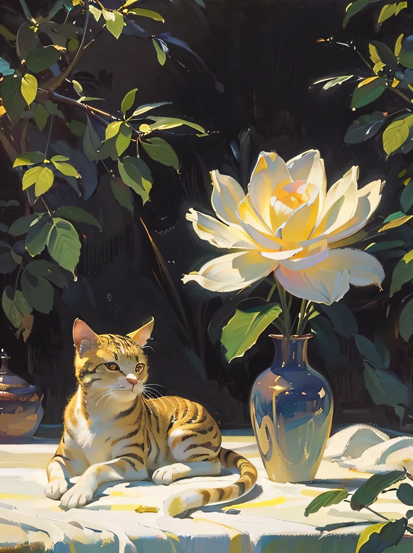 ((masterpiece、highest quality、Super detailed、High resolution、realistic、sharp focus、cinematic lighting))、((there are no humans))、(highly detailed colorful)、high contrast、rare flora and fauna garden、Cat、perfect composition、Best exhibition、professional oil painting、masterpiece