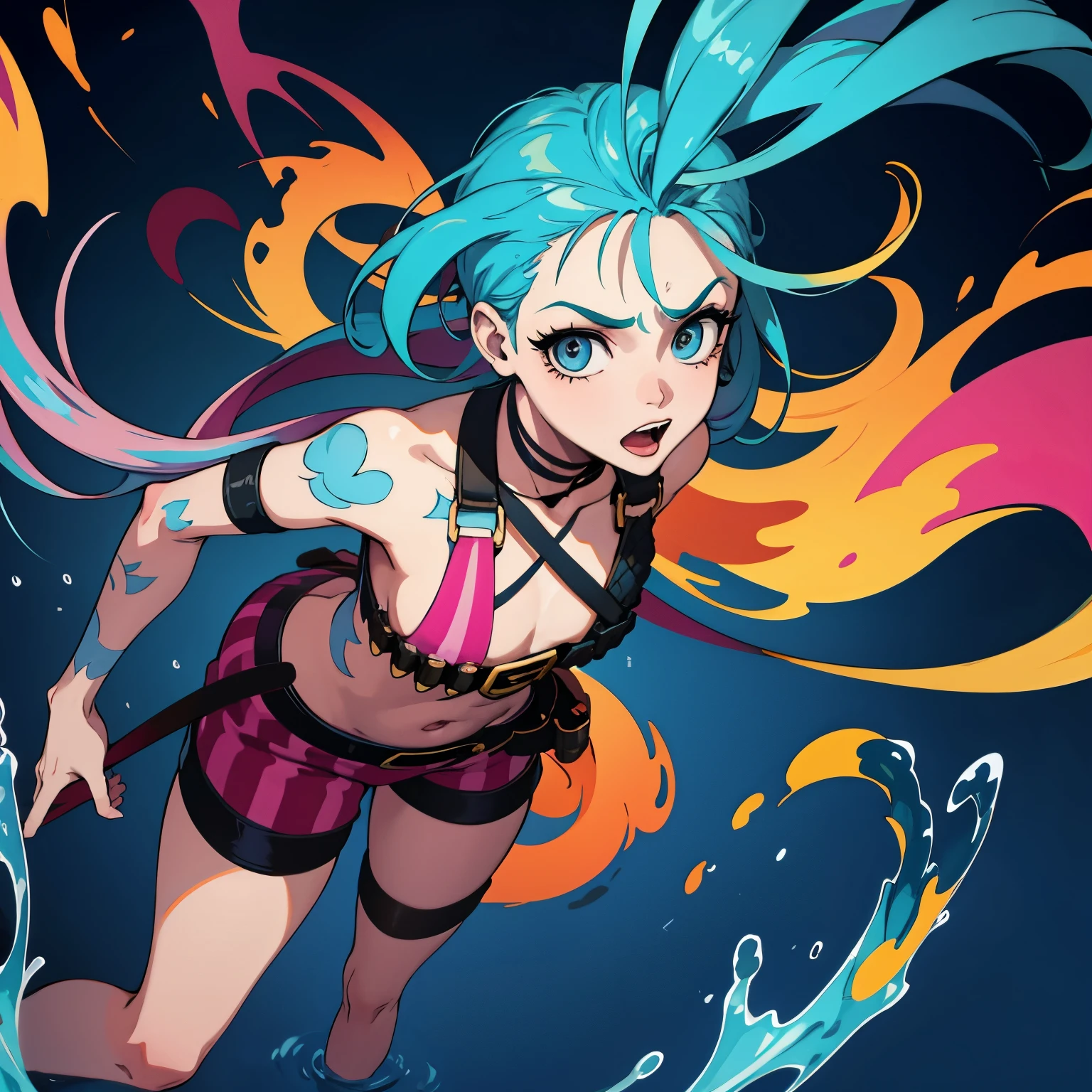 (ultra detailed,ultra high res,detailed background),((2D)),((flat color)),((dark colors)),((floating colorful water)),1men,solo,looking at viewer,BREAK, Jinx, League of Legends, blue hair